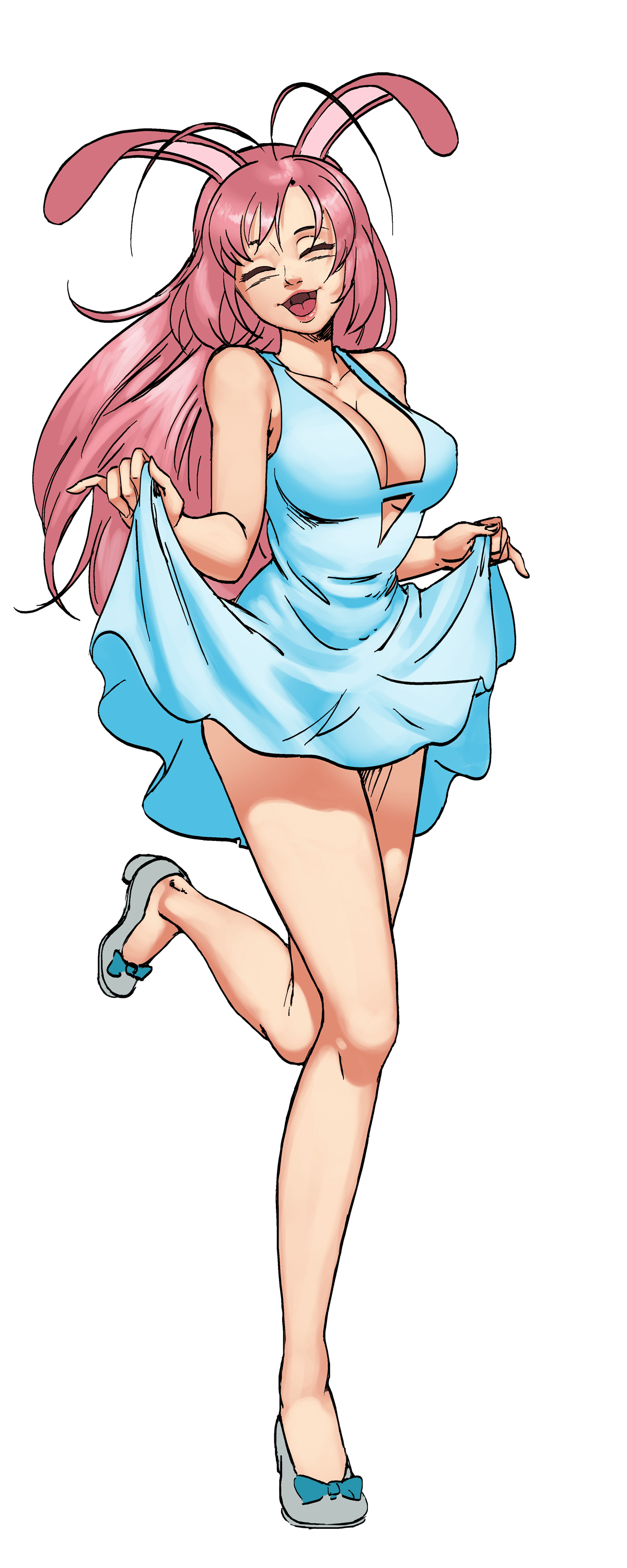 animal_ears blue_dress breasts bunny_(hentai_heroes) cg cleavage closed_eyes clothes_lift dress dress_lift female full_body hentai_heroes high_heels kinkoid large_breasts long_hair loving_bunny_(hentai_heroes) official_art open_mouth parody pink_hair rabbit_ears shoes simple_background skirt_hold sleeveless sleeveless_dress smile solo standing thighs transparent_background