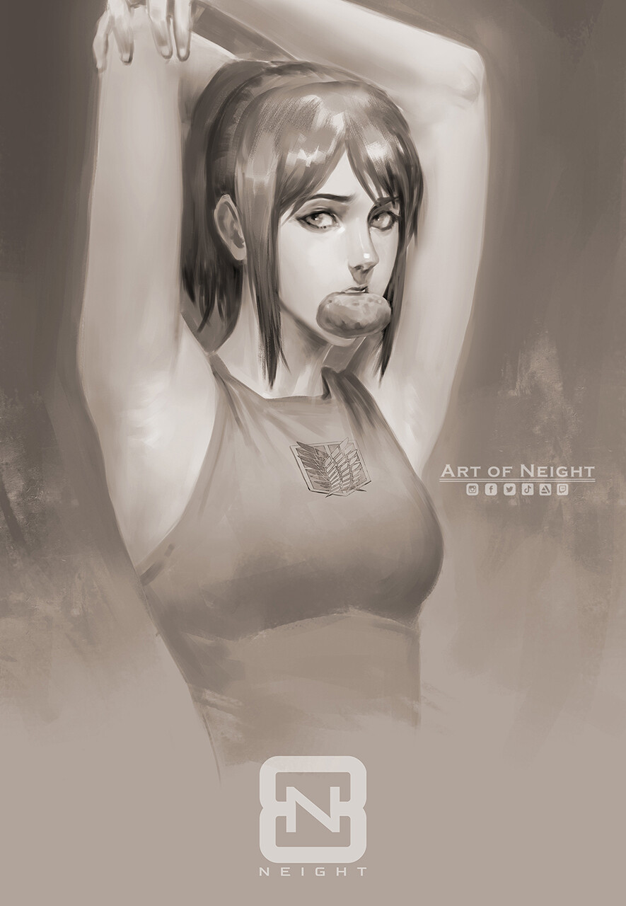 1girls alternate_version_available attack_on_titan breasts brown_hair brunette_hair female female_focus female_only hands_behind_head looking_at_viewer monochrome neight ponytail potato sasha_braus shingeki_no_kyojin solo solo_focus swimsuit tagme