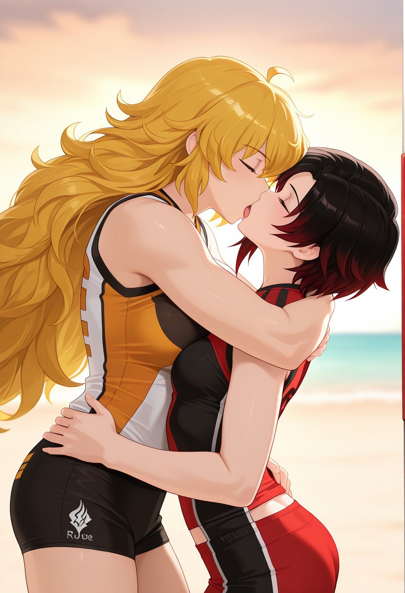 2girls, ai generated, ai hands, black hair, blonde hair, female, female only, incest, long hair, ruby rose, rwby, short hair, sisters, tagme, yang xiao long, yuri
