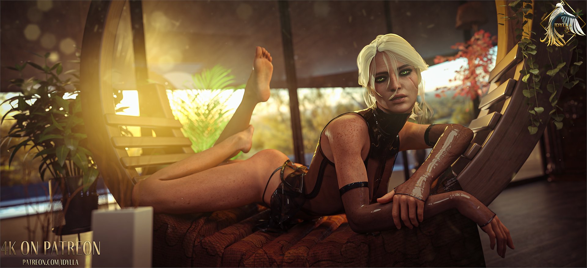 3d, ass, cd projekt red, ciri, female, freckles, gloves, green eyes, idylla, legs up, light skin, light-skinned female, lingerie, looking at viewer, mascara, scar, solo, solo female, the witcher (series), the witcher 3: wild hunt, thong, white hair