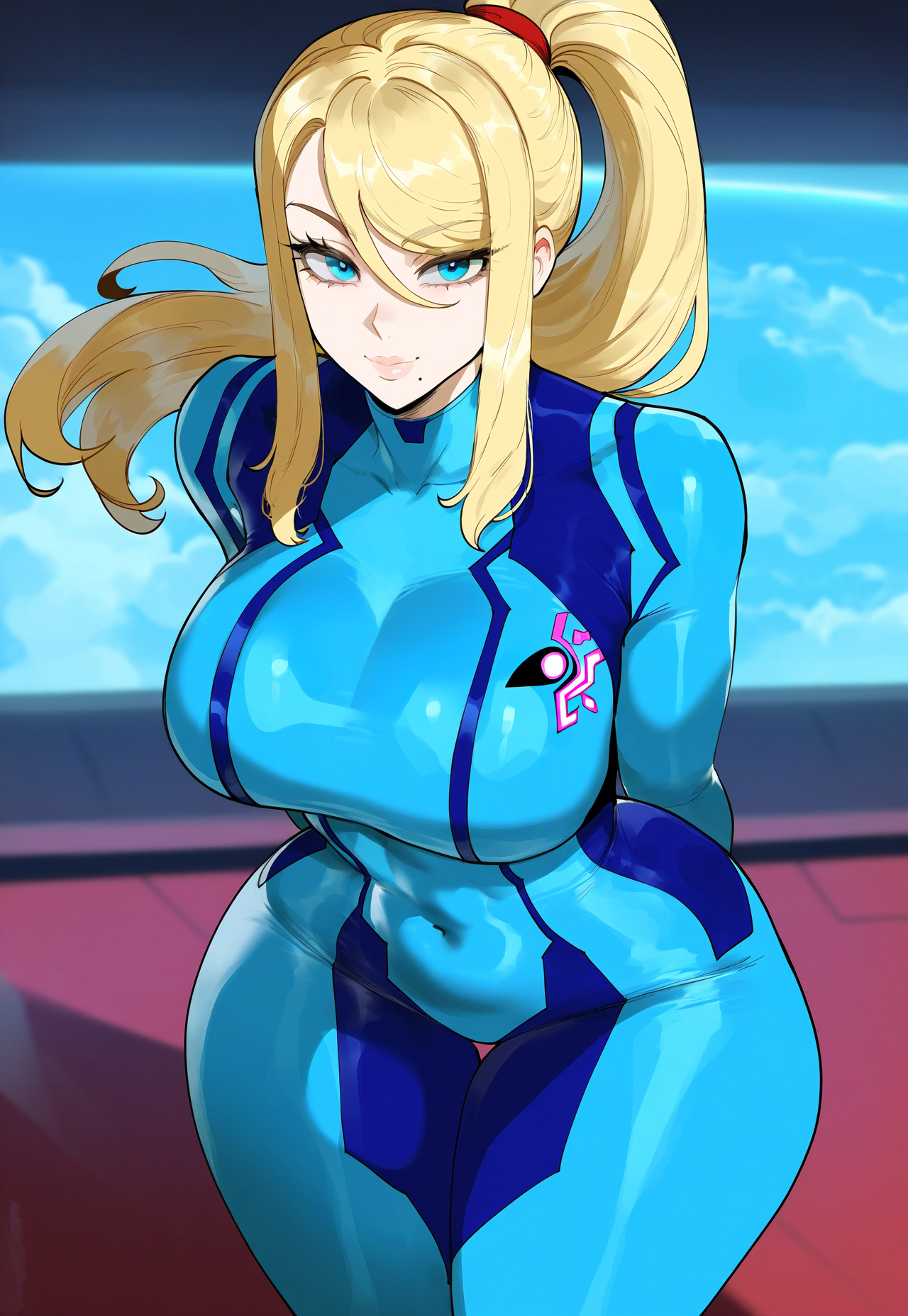 ai generated, beauty mark, big breasts, bimbo, blonde hair, blue eyes, breasts, creamy ai, female, full body, fully clothed, metroid, nintendo, samus aran, thick thighs, tight clothing