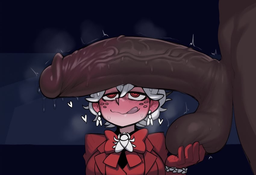 ai generated, beelzebub (helltaker), big breasts, big penis, black penis, blush, blushing, breasts, clothed, clothing, cock, dark penis, dark skin, dark-skinned male, female, heart, heart symbol, helltaker, huge cock, huge penis, human, light skin, light-skinned female, male, male/female, penis, sweat, sweating, white hair