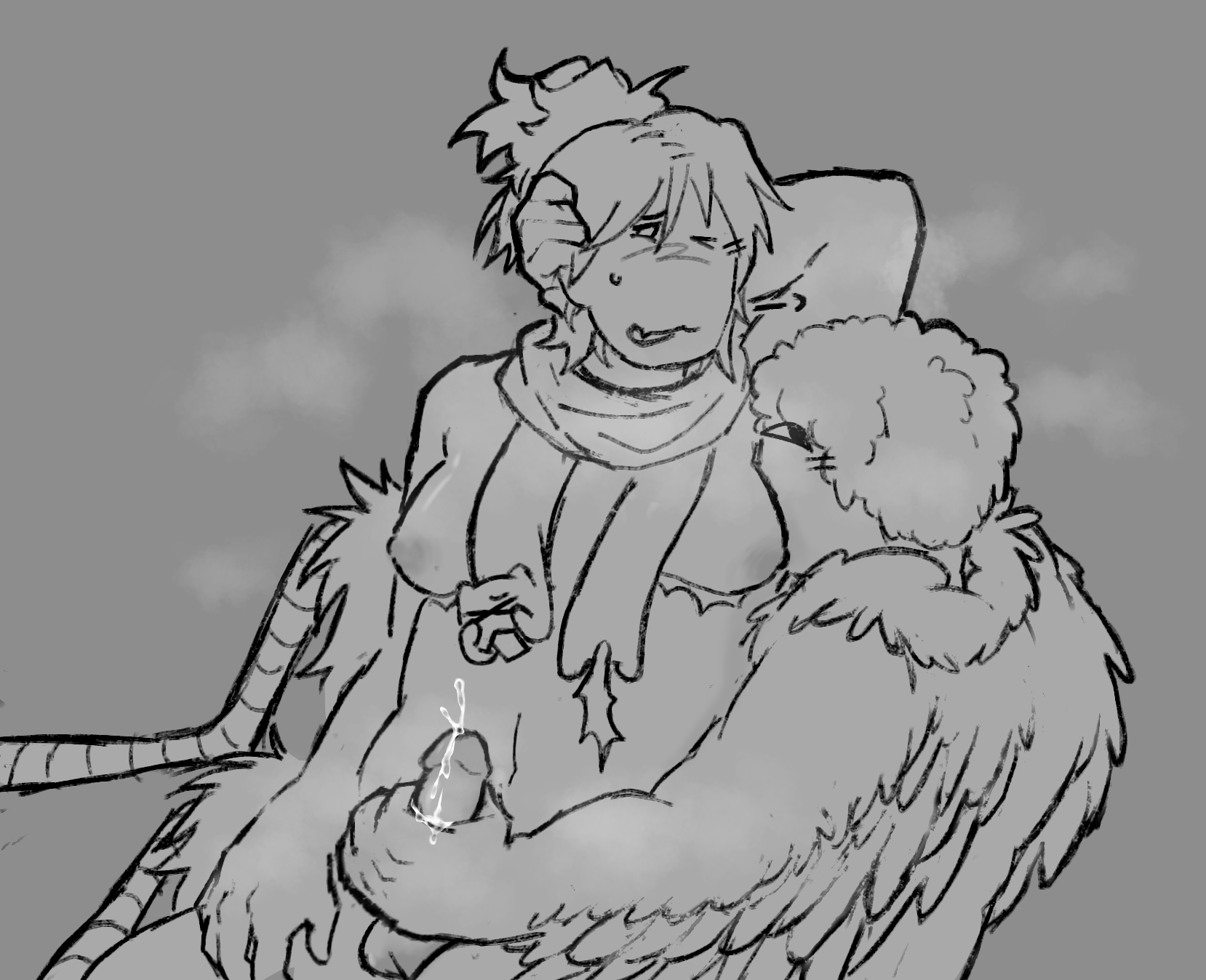 :3, 1boy, 1futa, breast sucking, breasts, breasts out, brighteyes, brighteyes (forsaken), chicken legs, chubby, cumming, dick in hand, feathered wings, forsaken (roblox), futanari, grey background, greyscale, intersex, male, musk, musk clouds, one sided climax, orgasm, penis, quest1onm4rk, roblox, roblox avatar, roblox game, robloxian, self upload, sex, shedletsky, shedletsky (forsaken), steamy, stroking penis, surgery scars, transgender woman