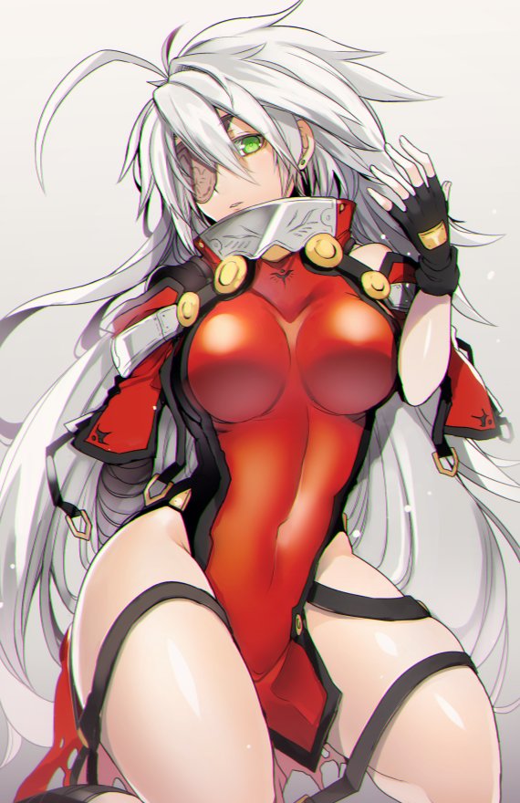 ahoge alpha-01 bandages bare_shoulders blazblue bodysuit commentary covered_navel eyepatch female fingerless_gloves gloves green_eyes long_hair ragna_the_bloodedge rule_63 solo thighs uzukinoko white_hair