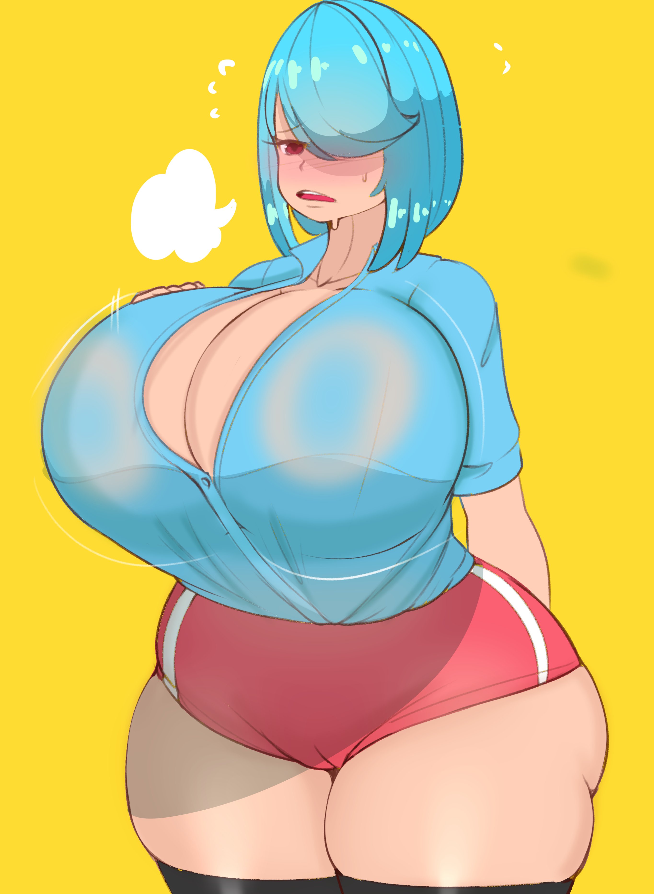 1girls, big breasts, bloomers, blue hair, breasts, brown eyes, buruma, female, fladdy, fladdykin, huge breasts, huge thighs, large breasts, medium hair, original, original character, sweat, thick thighs, thigh gap, thighhighs, thighs, voluptuous, wide hips, yellow background