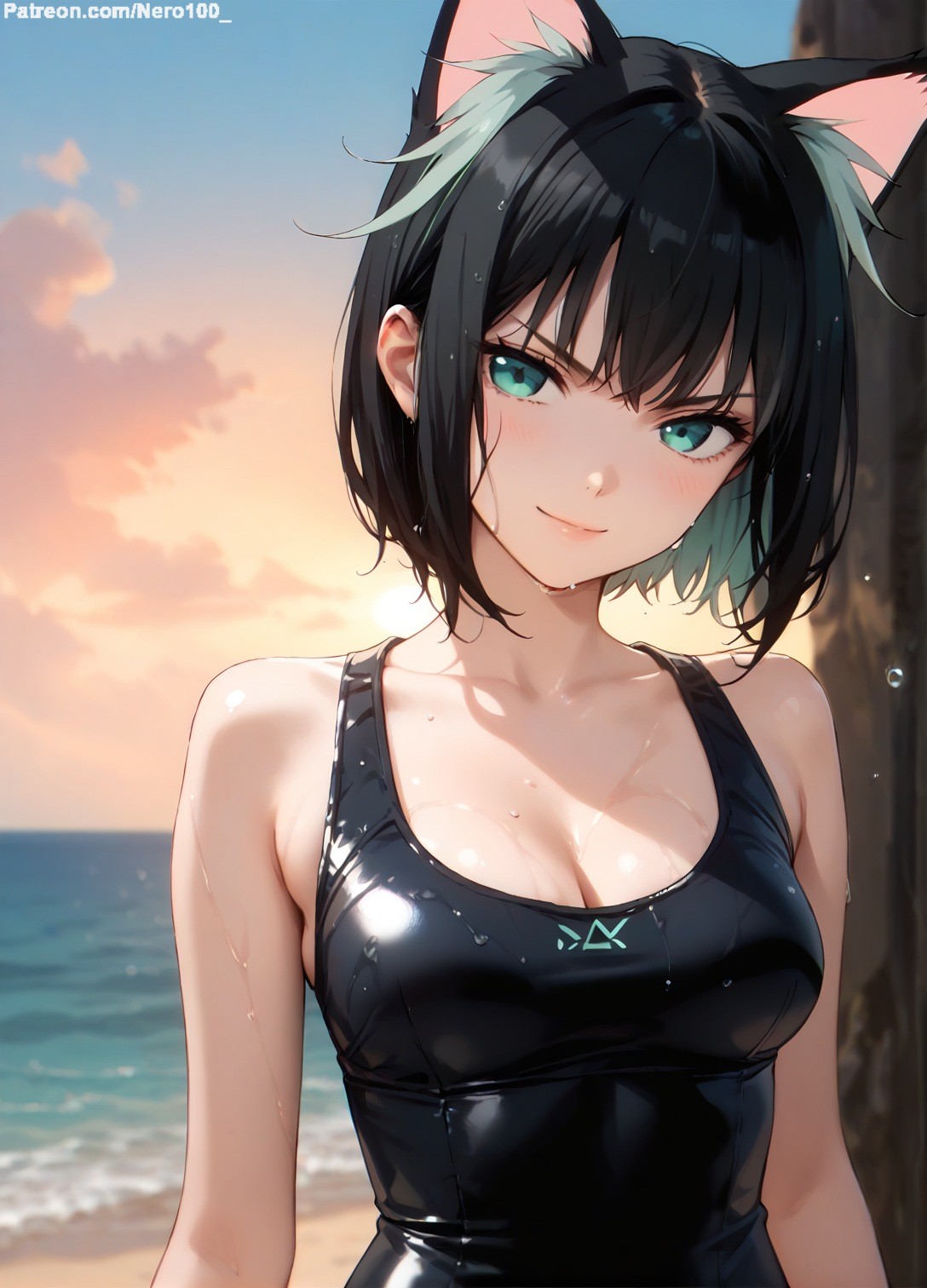 1girls 2d ai_generated ass athletic athletic_female bare_shoulders beach belly black_hair breasts cat_ears cat_girl cat_tail chest cleavage curvy curvy_figure cute cute_face detailed eyelashes eyeshadow female female_only fit fit_female focus green_eyes high_quality hips isekai_shikkaku legs light-skinned_female light_skin lips lipstick looking_at_viewer makeup mascara medium_breasts medium_hair midriff navel one-piece_swimsuit outdoors pale-skinned_female pale_skin perky_breasts petite_ petite_body posing seductive seductive_look short_hair skinny skinny_girl slim stable_diffusion swimsuit swimwear tagme tama_(isekai_shikkaku) teenager thighs thin_waist