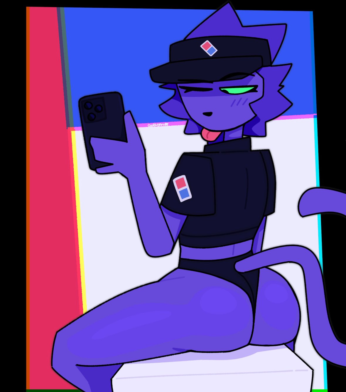anthro ass_focus big_ass blue_fur bubble_butt cat_humanoid catboy coolghudson dat_ass domino's_pizza feline femboy fur furry green_eyes male male_only meme mirror_selfie selfie showing_off tongue_out wink