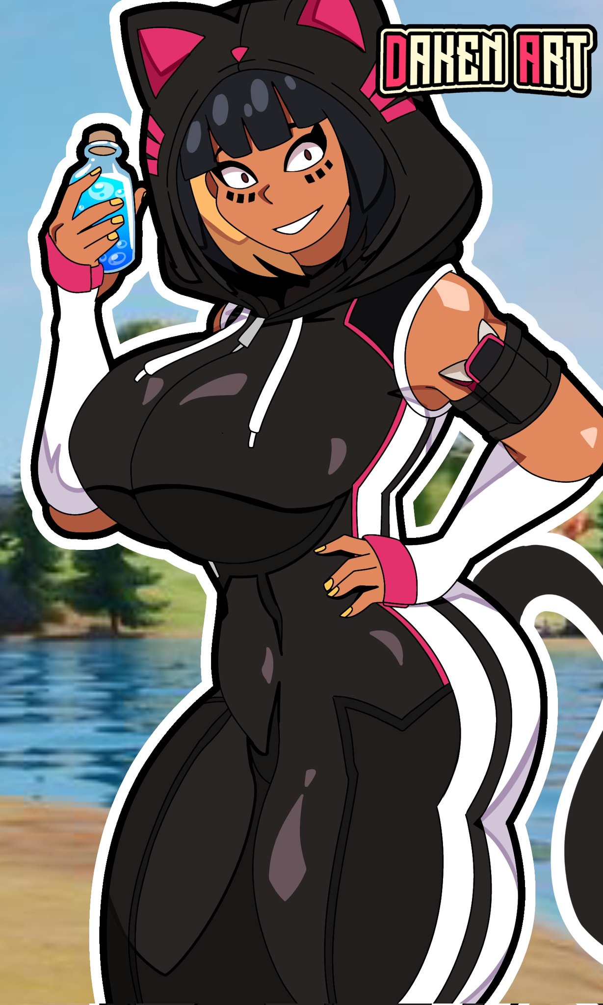 1girls, agata (fortnite), big breasts, black hair, bob cut, breasts, cat ears, daken art (artist), daken henderson (artist), female, fortnite, fortnite: battle royale, hand on hip, looking at viewer, nail polish, outdoors, smile, solo, tagme, tail, thick thighs, tight clothing, wide hips