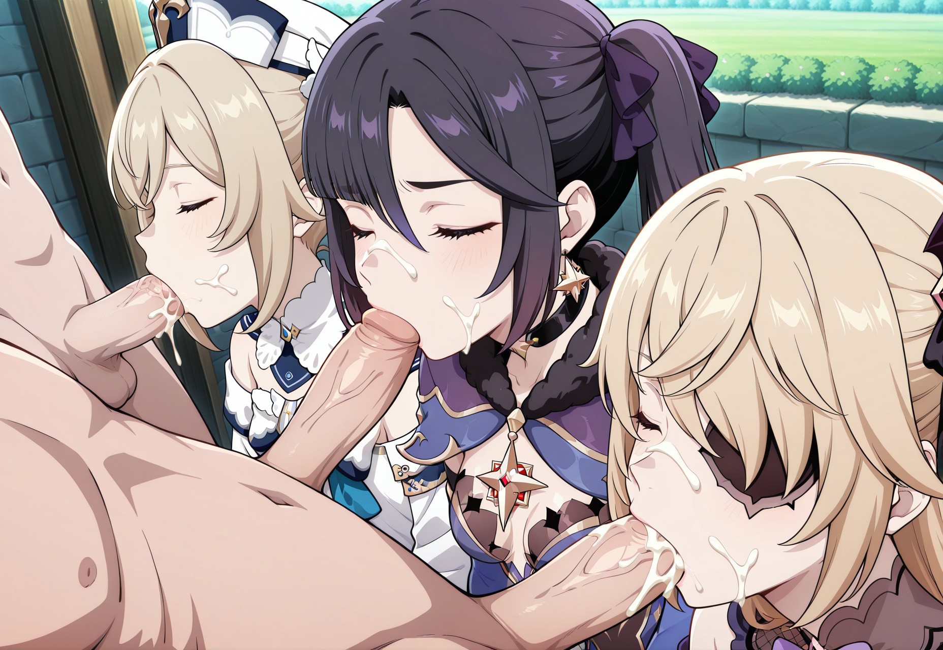 3girls, ai generated, barbara (genshin impact), blowjob, cum, cum on face, fellatio, female, fischl (genshin impact), genshin impact, hoyoverse, male, mona (genshin impact), multiple females, multiple girls, multiple penises, nude male clothed female, outdoors, penis