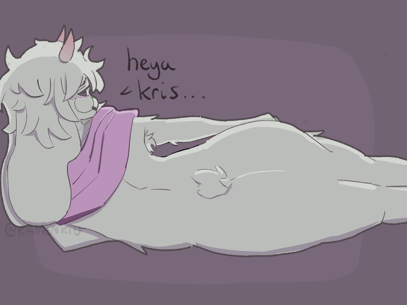 1boy, 2025, 2d, anthro, anthro male, anthro only, armpit hair, armpit tuft, ass, ass focus, big ass, blush, blush lines, bovid, caprine, deltarune, digital media (artwork), english text, eyelashes, eyewear, femboy, feminine male, fluffy, fluffy tail, fur, furry, furry male, furry only, glasses, goat, hair, laying down, laying on side, looking at viewer, looking over shoulder, male, male only, messy hair, mostly nude, nude, open mouth, ralsei, ralsei with white fur, ramenkiu, scarf, short tail, simple background, simple shading, smile, solo, solo focus, solo male, text, thighs, toby fox, undertale, undertale (series), white fur, white hair