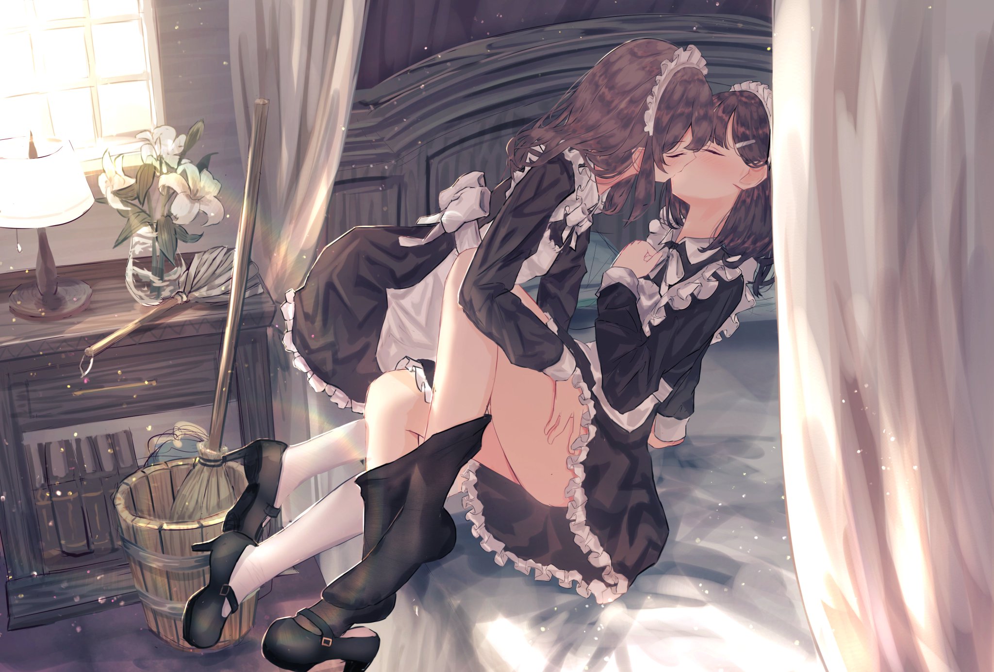 2girls, benevole, female, fully clothed, kissing, maid, original, thigh grab, thighs, yuri