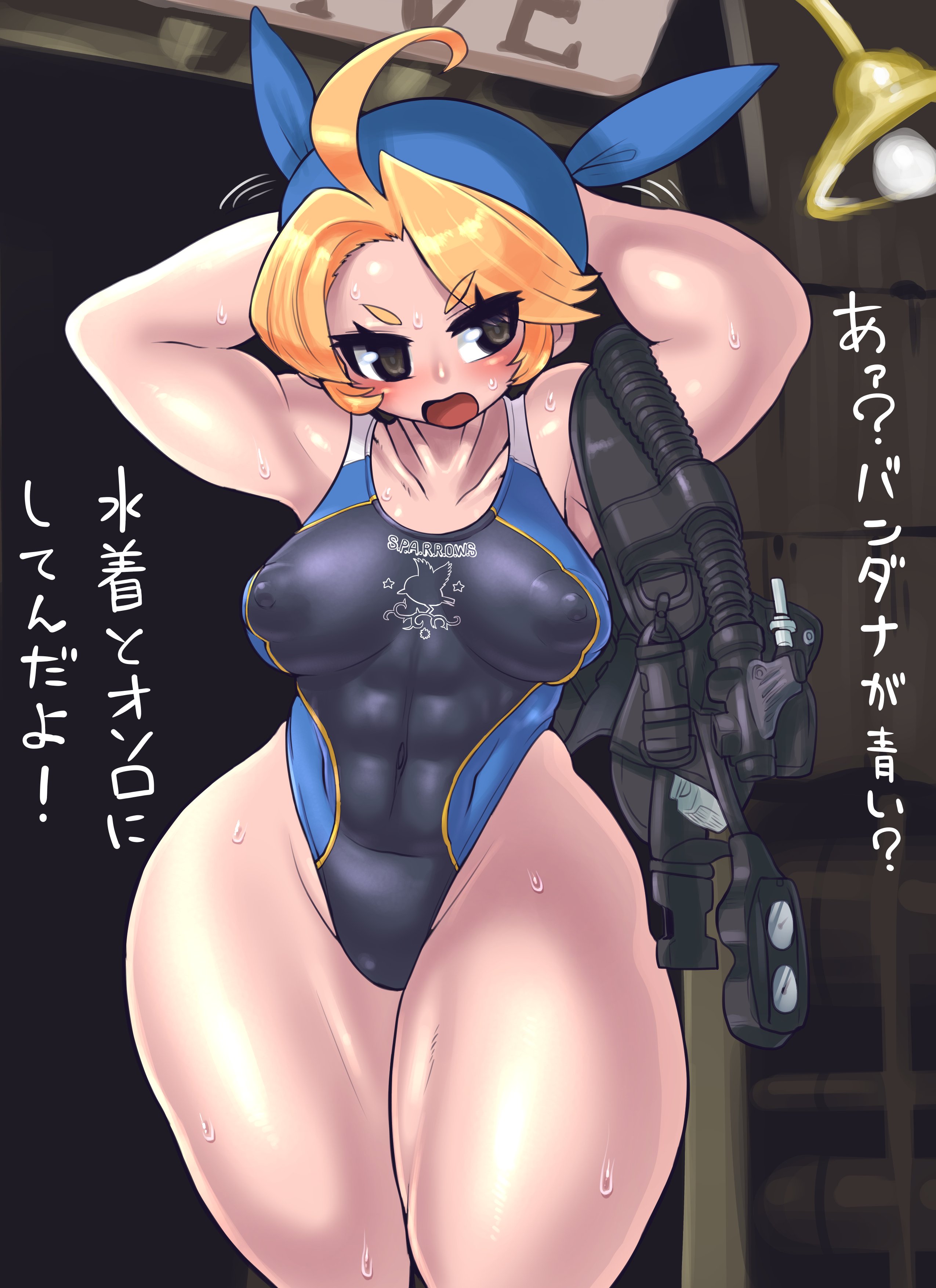 alternate costume, bandana, blonde hair, eri kasamoto, metal slug, minami aomori, nipple bulge, nipples, pointy chin, swimsuit