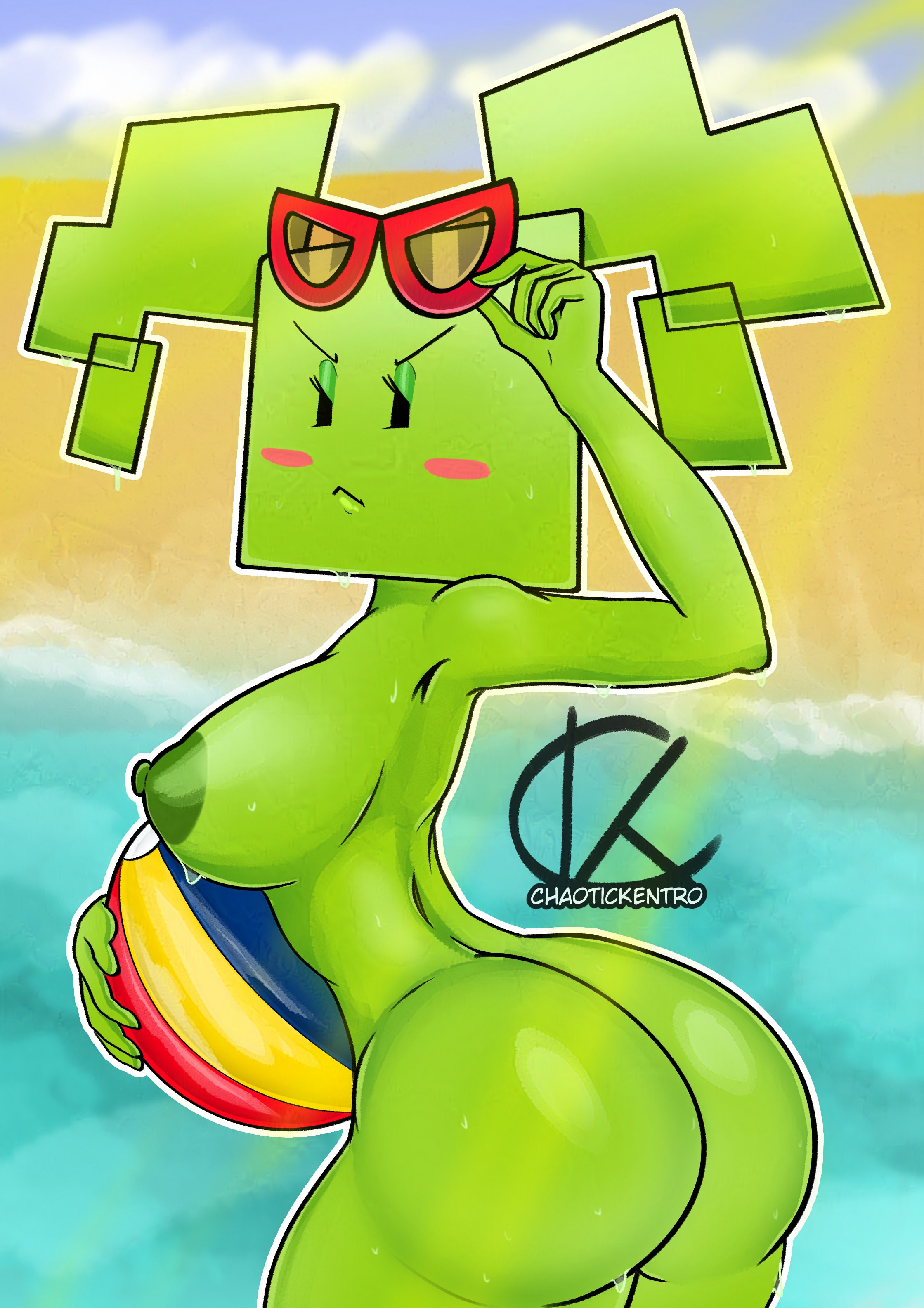 1girls, ass, breasts, chaotickentro, female, green hair, green skin, mario (series), mimi (super paper mario), nintendo, paper mario, sideboob, solo, sunglasses, super paper mario