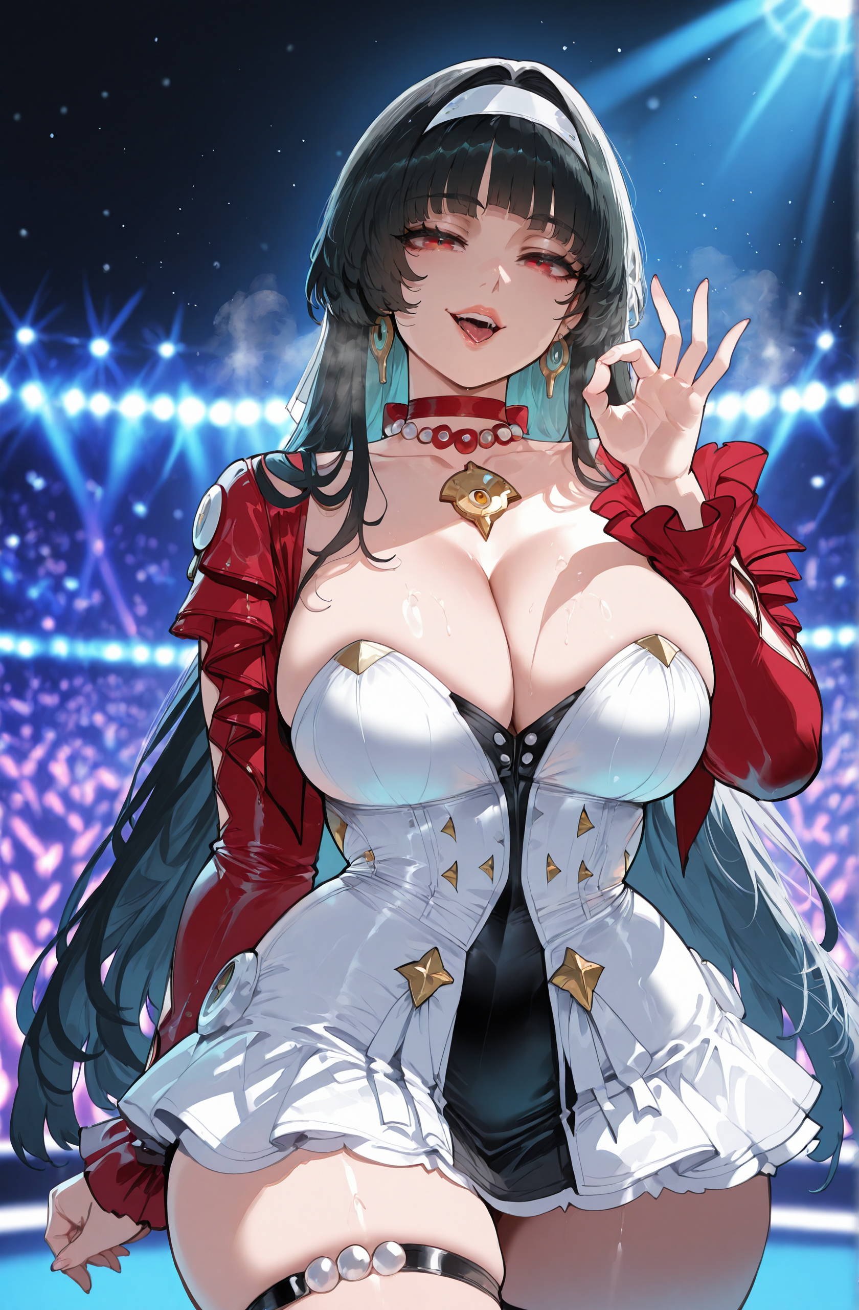 :d, 1girls, ai generated, astra yao, bangs, bare shoulders, black choker, black hair, blunt bangs, blush, breasts, choker, clavicle, cleavage, clothing, collar, curvaceous, curvaceous female, curvaceous figure, curvy, curvy figure, dress, earrings, fellatio gesture, female, female focus, female only, frills, hair ornament, hairband, headwear, huge breasts, inviting, inviting to sex, jacket, jewelry, large breasts, legwear, lips, long hair, long sleeves, looking at viewer, miyuai, mole, nail polish, navel, necklace, night, night sky, ok sign, open mouth, open-mouth smile, oral invitation, outdoors, parted lips, presenting, presenting breasts, presenting self, red eyes, seductive, seductive look, seductive smile, skindentation, skirt, sky, smile, solo, standing, sweat, teeth, thick thighs, thigh strap, thighhighs, thighs, tongue, tongue out, very long hair, voluptuous, voluptuous female, white dress, white hairband, zenless zone zero