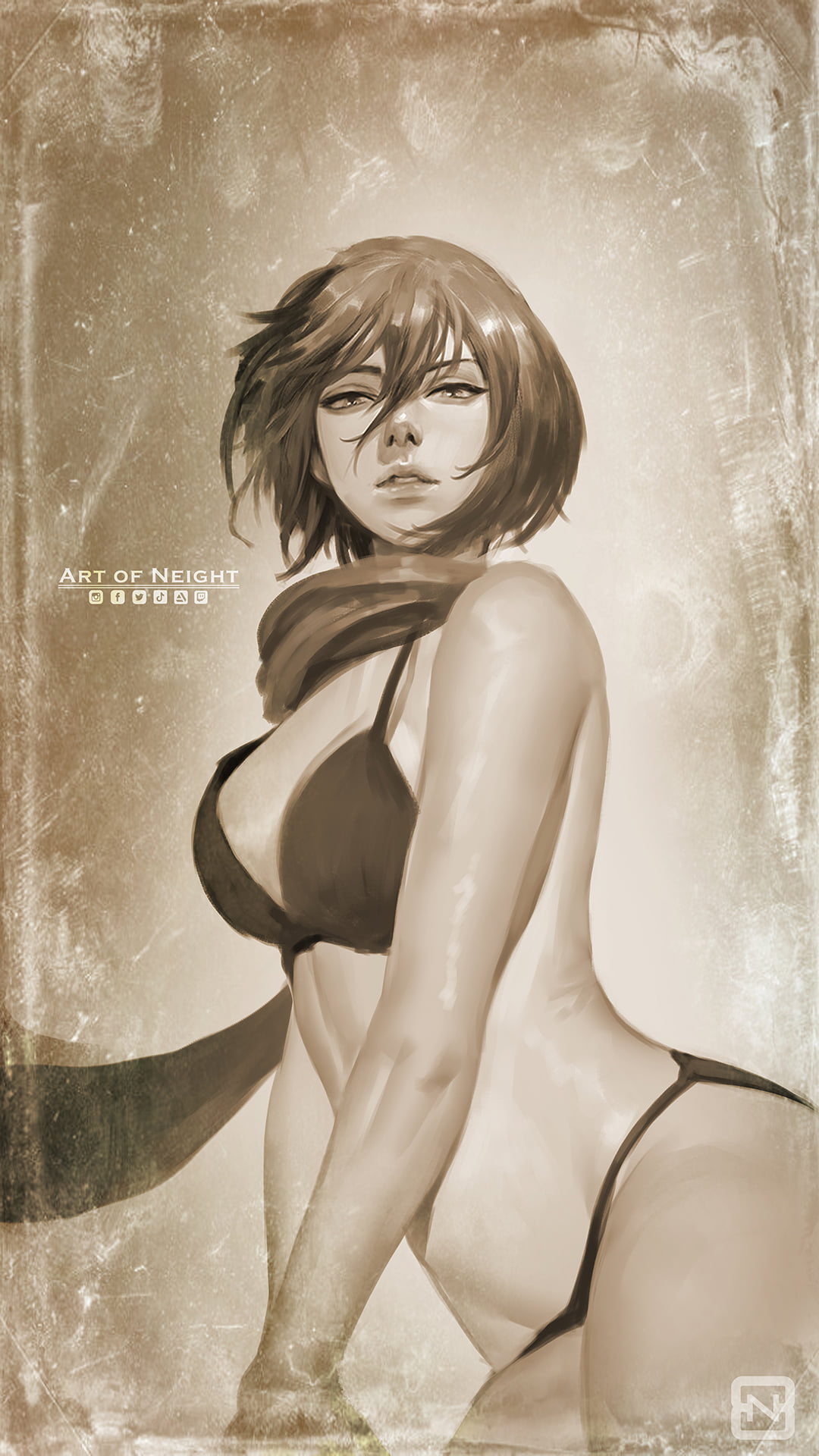 1girls, abs, alternate version available, asian, asian female, attack on titan, black hair, black-haired female, bra, breasts, dark hair, female, female only, looking at viewer, mikasa ackerman, neight, scarf, shingeki no kyojin, short hair, solo, solo female, tagme, underwear