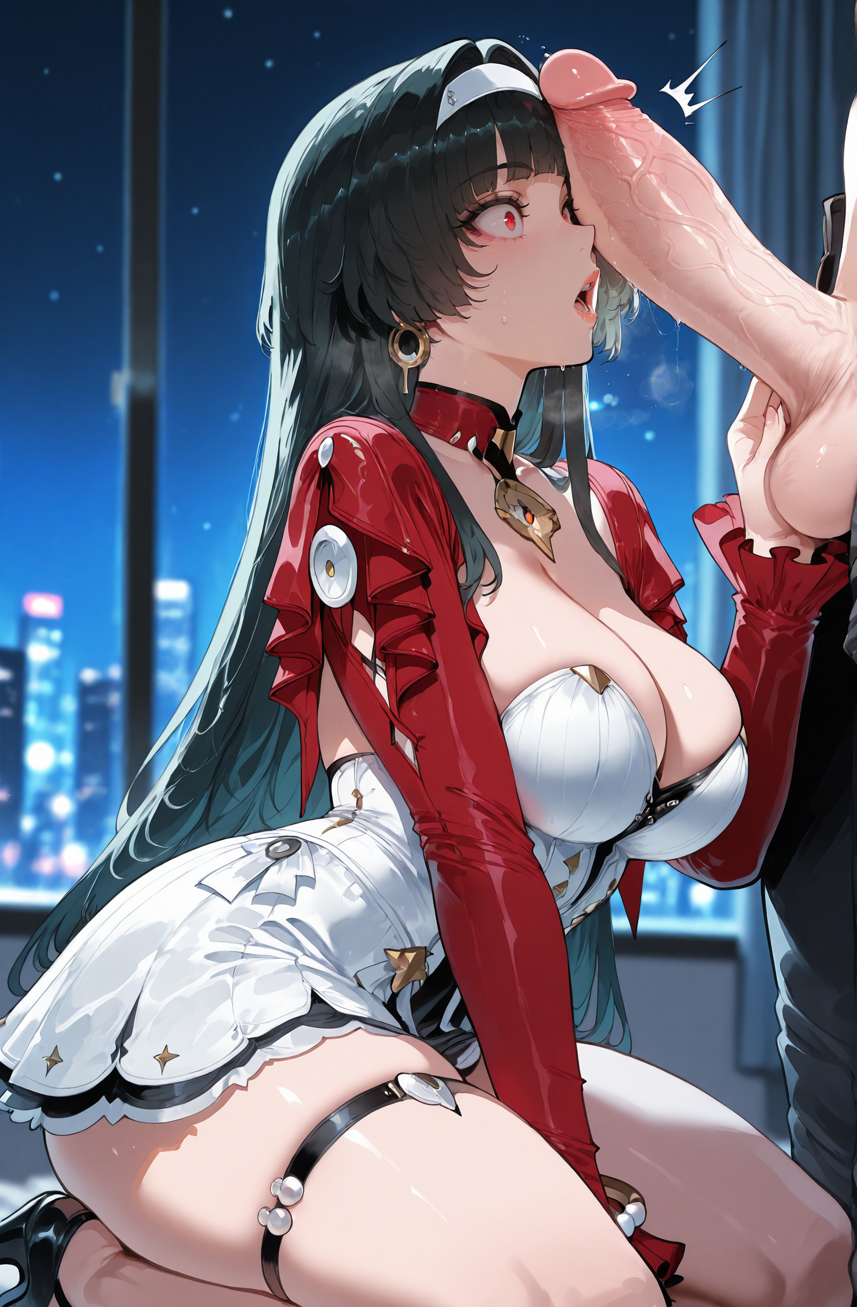 1boy, 1girls, ai generated, ass, astra yao, balls, bangs, black hair, blush, breasts, choker, cleavage, clothed female, clothed female nude male, clothing, curvaceous, curvaceous female, curvaceous figure, curvy, curvy figure, dress, earrings, erection, female, female focus, footwear, gloves, hairband, headwear, heart, high heels, huge breasts, huge cock, indoors, jewelry, kneeling, large breasts, large penis, legwear, long hair, long sleeves, looking at penis, male, miyuai, night, night sky, nude, open mouth, outdoors, penis, penis awe, penis on face, precum, red eyes, seiza, shoes, sitting, skindentation, sky, solo focus, squatting, straight, surprised, sweat, testicles, thick thighs, thigh strap, thighs, tongue, veins, veiny penis, voluptuous, voluptuous female, white dress, white hairband, wide-eyed, zenless zone zero