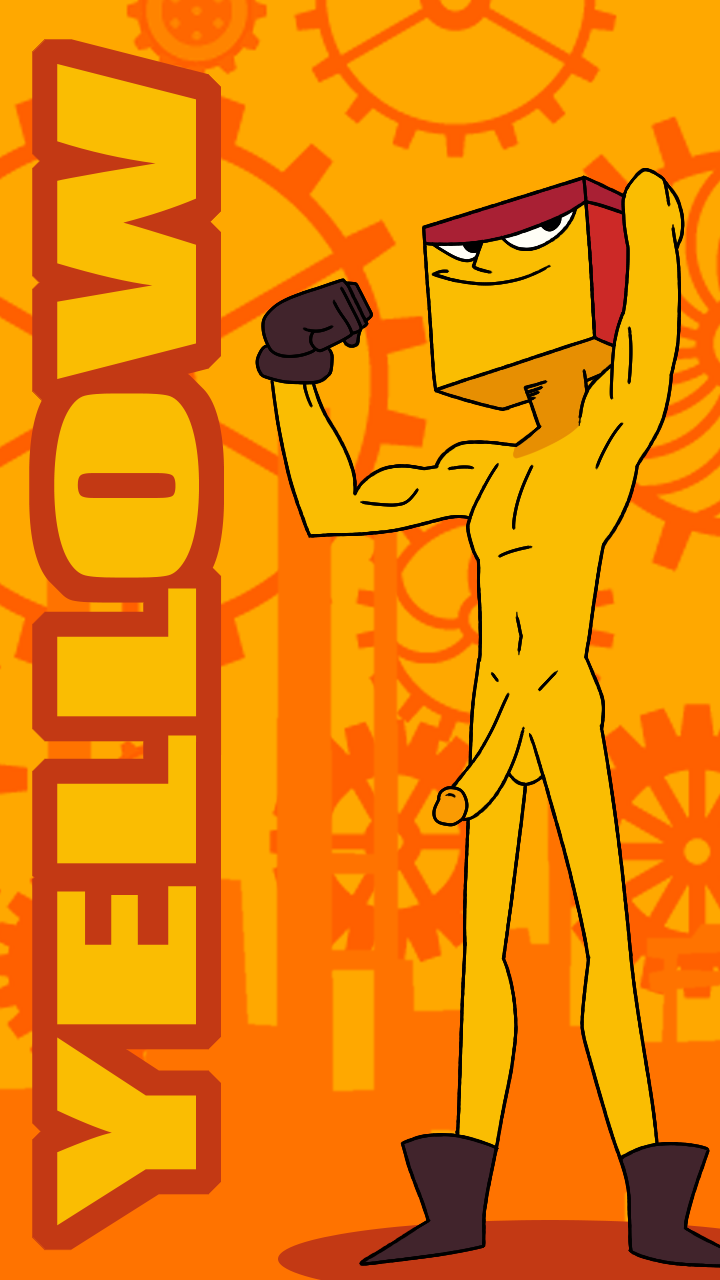 arms_up boots cube_(yellow) gloves humanoid male_only naked nude_male penis posing robed skinny smiling standing the_heist