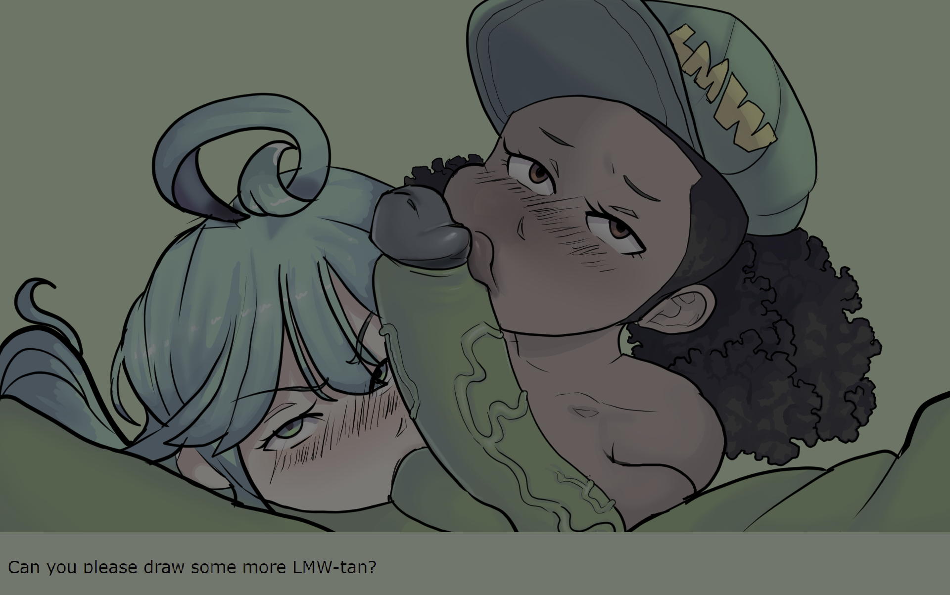blue hair, dark hair, dark skin, dark-skinned female, female, frizzy hair, green eyes, green hair, green penis, lmw, lmw-tan, lost media wiki, male, mr.sir 69, oral, penis, pov, rule 34 (booru), rule 34 comment, rule 34-tan, self upload, sucking penis, teamwork (sexual), veiny