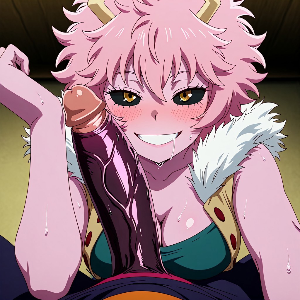 ai generated, ashido mina, boku no hero academia, breasts, dark-skinned male, drooling, duo, female, forearm cock, horny female, interracial, looking pleasured, male, mina ashido, my hero academia, penis, penis awe, pleasure face