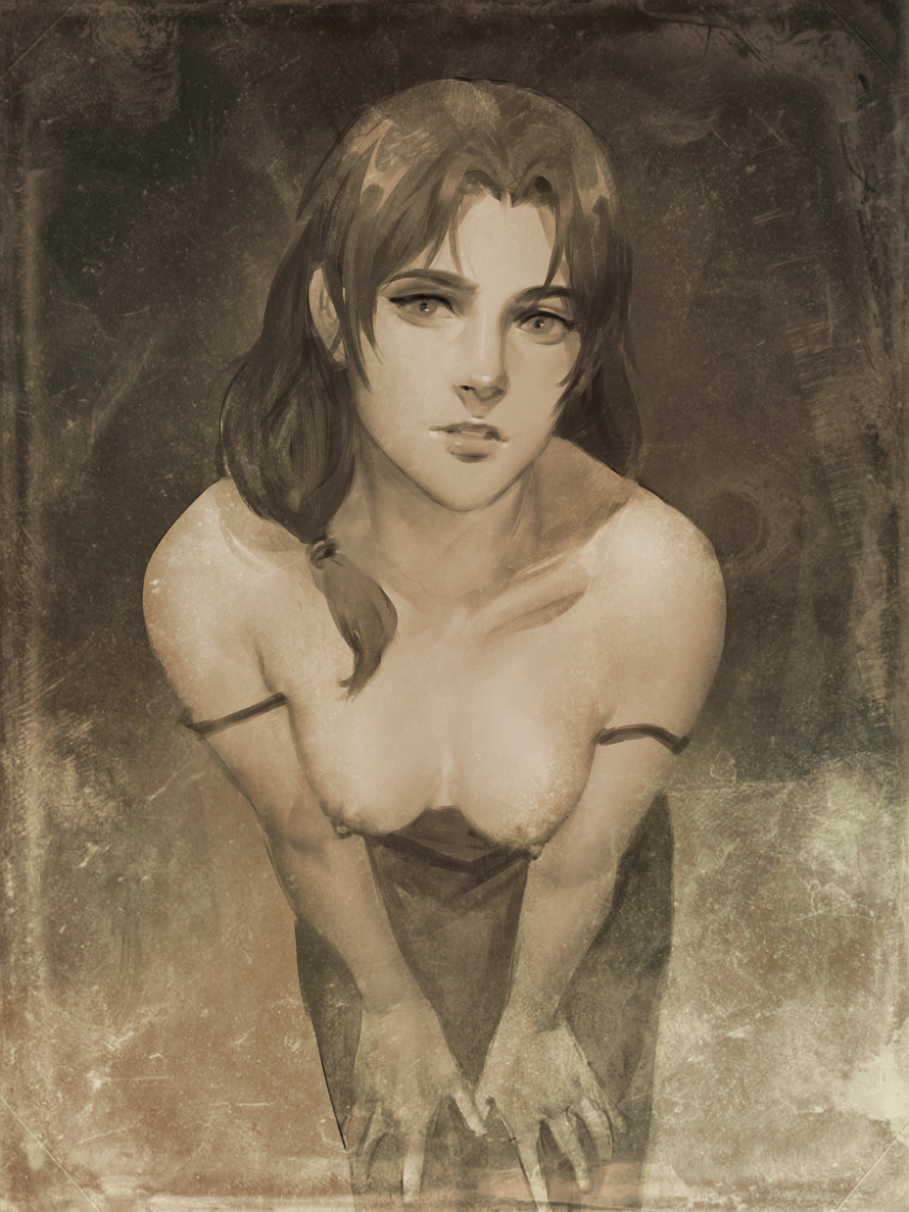 1milf, alternate version available, attack on titan, boobs out, breasts, breasts out, brown hair, brown-haired female, carla jaeger, dress, elegant dress, exposed breasts, female, female only, hands on thighs, hanging breasts, horny milf, looking at viewer, mature female, milf, monochrome, neight, shingeki no kyojin, tagme