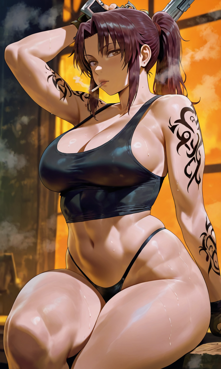 ai generated, bigbizarts, black lagoon, black panties, black tank top, breasts, brown eyes, brown hair, cigarette in mouth, curvy, female, fingerless gloves, holding gun, long hair, looking at viewer, revy, tattoo