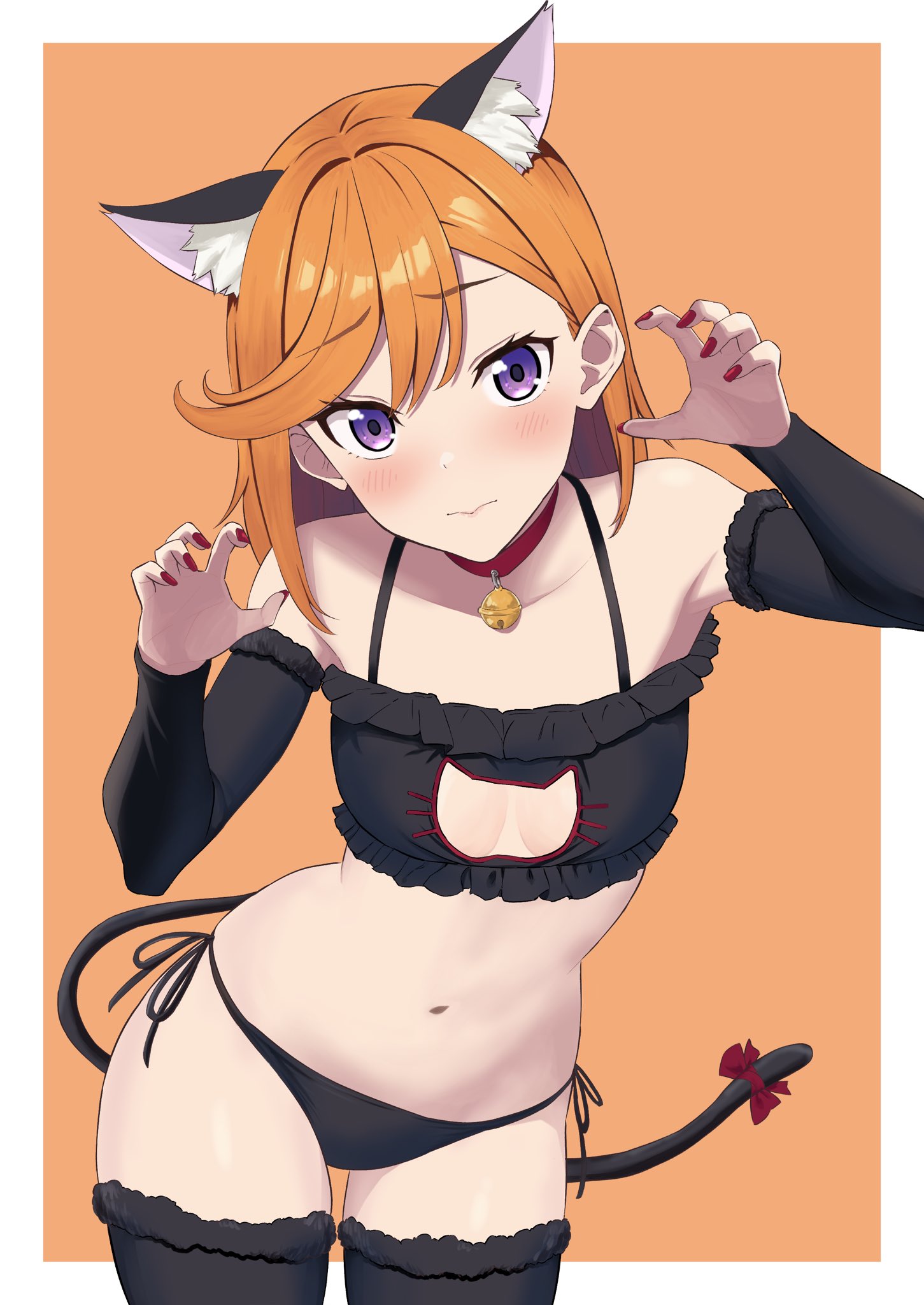 armpits, bare belly, bare shoulders, belly button, black bra, black gloves, black panties, black thighhighs, blush, bra, breasts, cat cutout, cat ears, cat lingerie, choker, claw pose, closed mouth, clothing cutout, collarbone, elbow gloves, female, frilled bra, gloves, love live!, love live! superstar!!, medium hair, nail polish, neck bell, orange hair, panties, purple eyes, red nails, shibuya kanon, side-tie panties, small breasts, thighhighs, thighs, yutou (u too p)