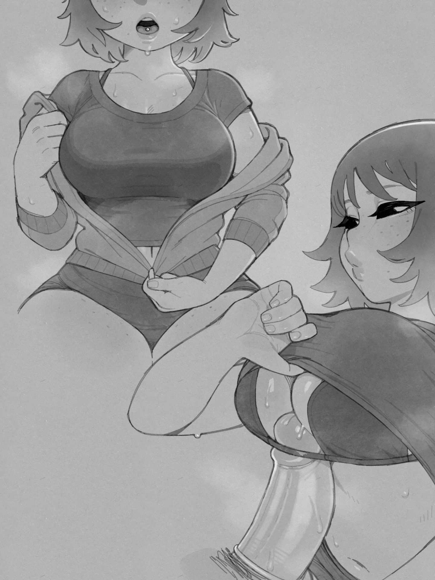 1boy, 1girls, bra, breasts, clothed female nude male, clothed paizuri, condom, condom paizuri, female, freckles, kim pine, madabalone, male, monochrome, paizuri, scott pilgrim, sketch, sweat, sweaty, unzipped