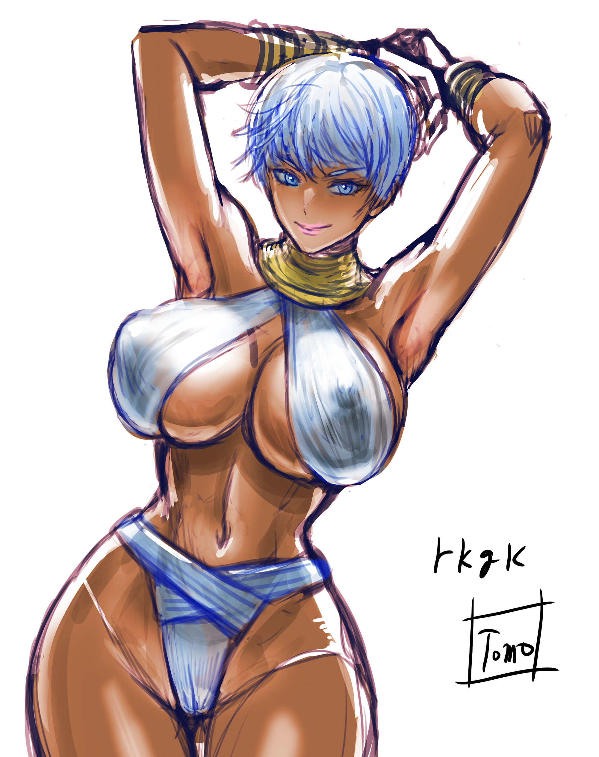 1girls, 2d, african female, alternate breast size, armpits, arms behind head, arms up, artist name, artist signature, big breasts, blue eyes, breasts, bulging nipples, busty, cameltoe, capcom, child bearing hips, cleavage, clothed, clothed female, covered erect nipples, dark skin, dark-skinned female, elena (street fighter), female, female only, hands behind head, highres, large breasts, legs, nipple bulge, pink lipstick, pussy, seductive, seductive look, seductive smile, sensual, sexy, sexy armpits, sexy pose, shaved armpit, short hair, sideboob, sketch, slim waist, smile, solo, street fighter, street fighter 6, street fighter iii: 3rd strike, thighs, tomboy, tomo eokaiteru, toned, underboob, very short hair, voluptuous, white background, white hair, wide hips