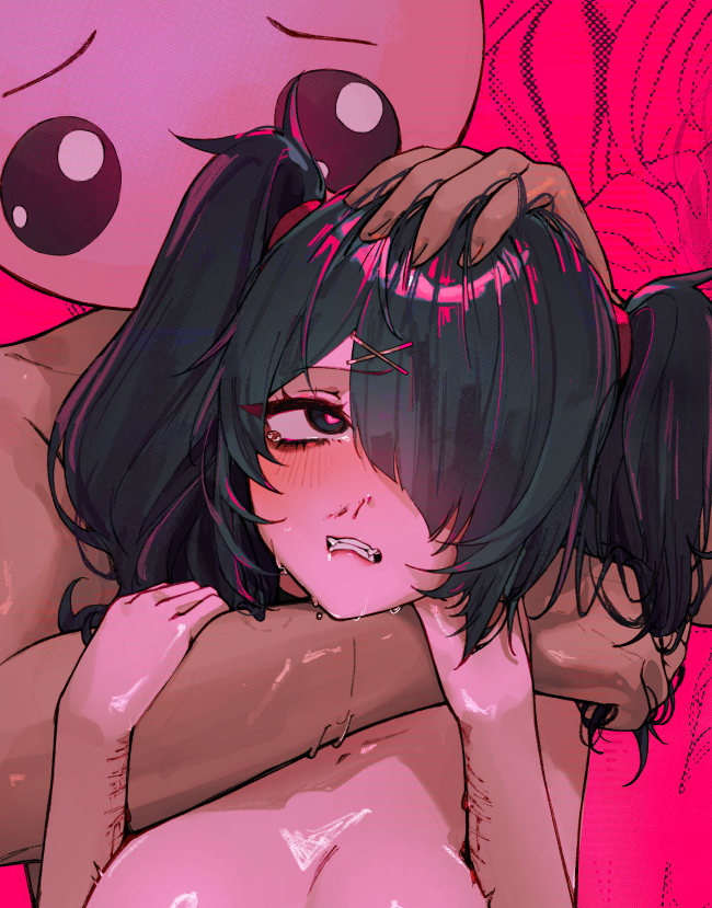 1boy ame-chan_(needy_girl_overdose) black_eyes black_hair blush breasts clenched_teeth commentary cum cum_on_body cum_on_breasts english_commentary female hair_between_eyes hair_over_one_eye hand_on_another's_head heart heart-shaped_pupils long_bangs medium_breasts medium_hair needy_girl_overdose nude paid_reward_available pien_cat_(needy_girl_overdose) red_background straight strangling symbol-shaped_pupils tearing_up teeth twintails upper_body waytok