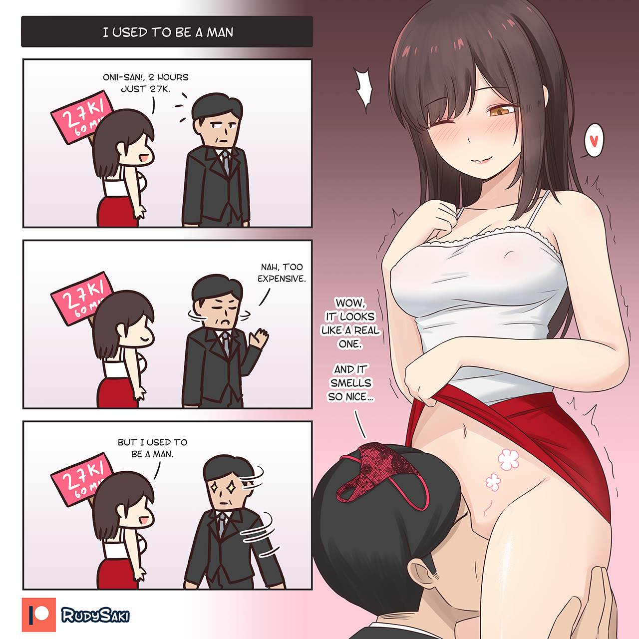 1boy, 1girls, black hair, blush, blushing futa, brown hair, brunette hair, business attire, business man, business suit, cunnilingus, female, futanari, gender transformation, heart, implied deepthroat, implied futa, implied transformation, intersex, light skin, light-skinned futa, long hair, male, mtf transformation, mti transformation, orange eyes, original, original character, original characters, red skirt, rudy saki, short hair, sparkles, trans, trans woman, trans woman (lore), transformation, tremble lines, tremble spikes, trembling, tsf 4-koma