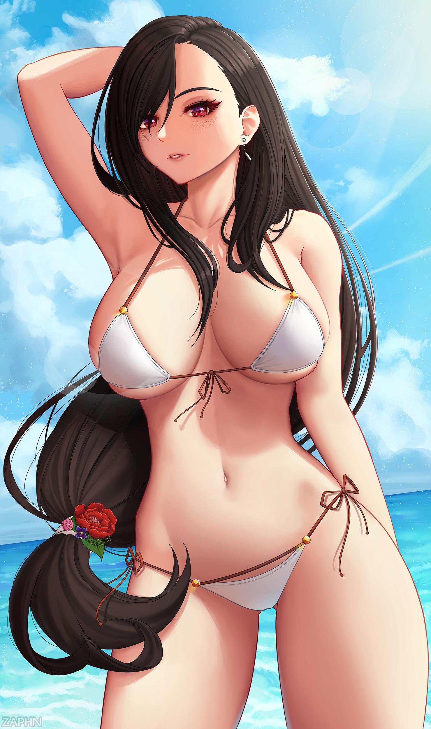 bangs, beach, big breasts, bikini, breasts, brown hair, dark brown hair, ear piercing, earrings, female, female only, final fantasy, final fantasy vii, final fantasy vii remake, flower, hair, hair ornament, huge breasts, large breasts, light skin, long hair, ocean, outdoors, outside, ponytail, pose, public, red eyes, seductive look, sideboob, small bikini, solo, solo female, stomach, string bikini, swimsuit, tagme, thick thighs, thighs, tifa lockhart, tight clothing, tight fit, underboob, very long hair, zaphn