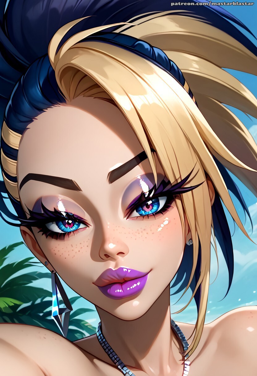 ai_generated akali bare_shoulders beautiful bimbo bimbo_lips blue_eyes close-up close_up collarbone cute cute_face dark_hair eyebrows eyelashes eyeshadow freckles k/da_akali k/da_all_out_series k/da_series league_of_legends makeup mastarblastar multicolored_hair necklace ponytail pose posing posing_for_the_viewer purple_lipstick selfie selfie_pose smile smiling smiling_at_viewer smug smug_face tagme topless tropical