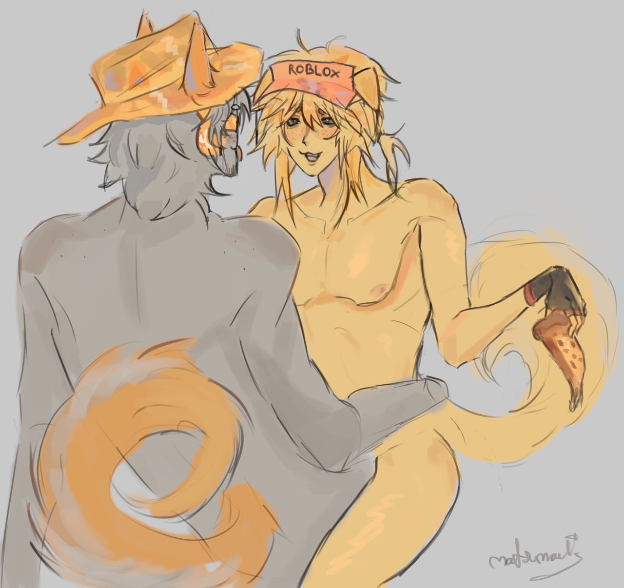 2boys, anthro, ass, chance (forsaken), dog boy, dog ears, dog tail, ears up, elliot (forsaken), elliot (work at a pizza place), fedora, forsaken (roblox), gay, gloves, male, male only, matsumav, nipples, pizza, roblox, roblox game, robloxian, self upload, slight blush, tagme, tail, twink