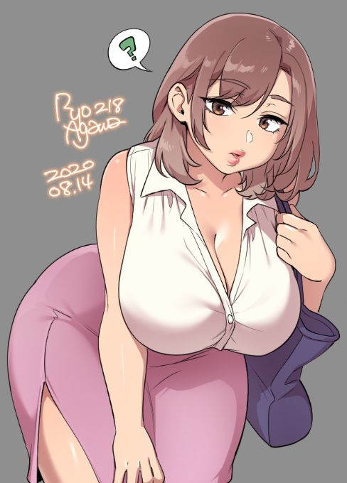 1girls, big breasts, breasts, cleavage, female, female only, grey background, large breasts, looking at viewer, mature female, pointy chin, ryo agawa, simple background, solo, wide hips