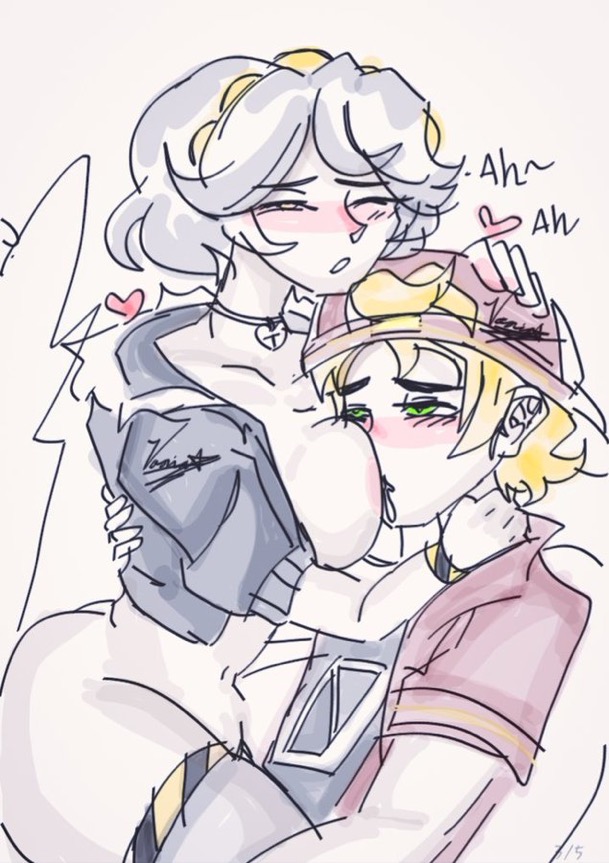 1boy, 1girls, baseball cap, big breasts, blonde hair, blonde-haired male, blushing, breast feeding, breast sucking, breasts, couple, cute, female, glitch productions, humanized, jacket, lanovata001, male, male/female, moaning, murder drones, silver hair, silver-haired female, thad (murder drones), tit sucking, tits out, v (murder drones), vhad