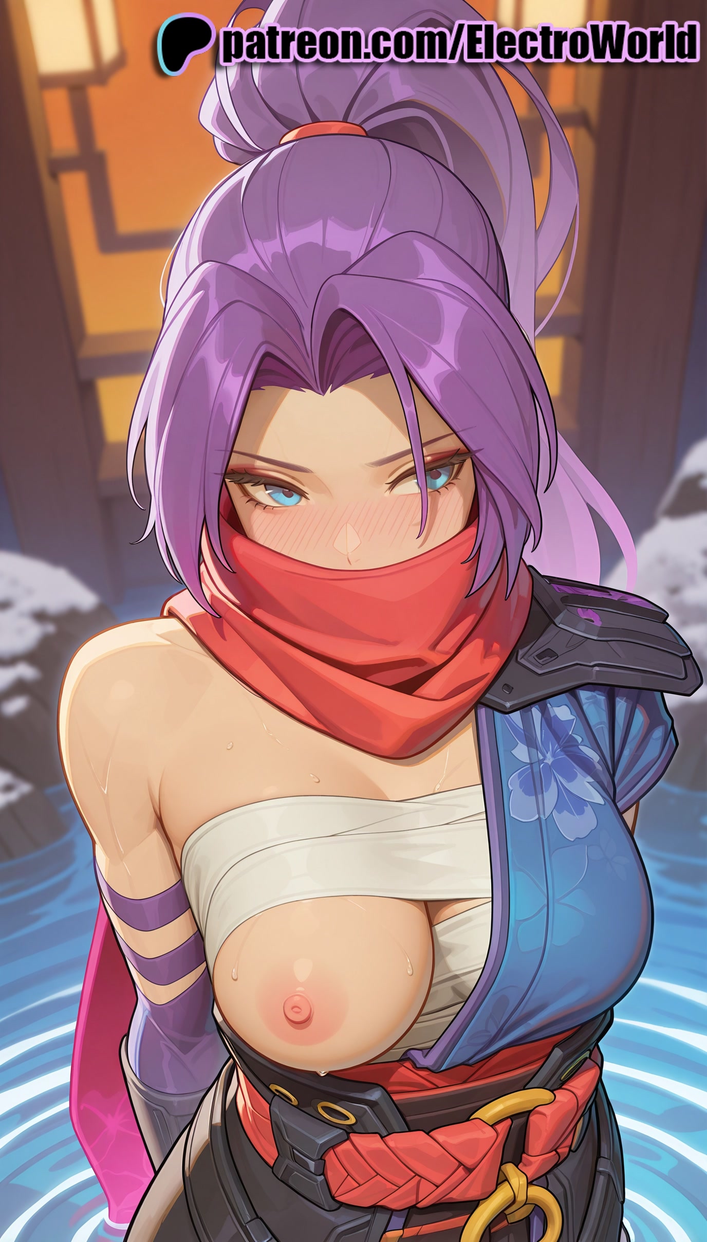 1girls, 2025, ai generated, artist name, blue eyes, blurry, blurry background, blush, breasts, bust, chest, covered mouth, electroworld, exposed nipples, female, hi res, high quality, high resolution, highres, japanese clothes, marvel, marvel rivals, mouth mask, ninja, nipples, nipples outside, nose blush, one breast out, patreon, patreon username, psylocke, psylocke (marvel rivals), purple hair, red scarf, sash, scarf, solo female, stable diffusion, sweat, watermark