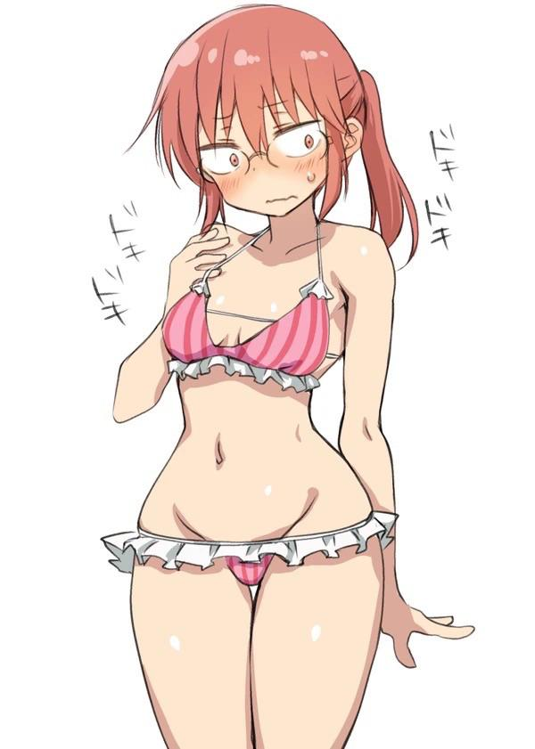 1girls bare_shoulders barely_clothed belly_button blush collarbone dragon_maid embarrassed female female_only flustered glasses japanese_text kobayashi kobayashi-san_chi_no_maidragon looking_away medium_hair miss_kobayashi's_dragon_maid pink_bikini ponytail red_hair small_breasts small_tits striped_bikini unknown_artist voluptuous