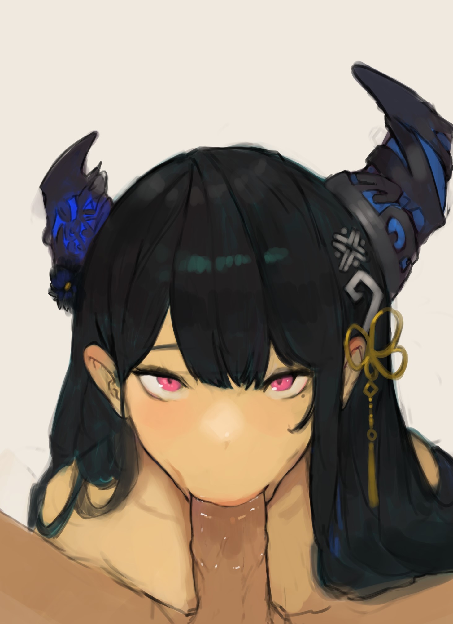 :>=, black hair, blowjob, demon, demon girl, fellatio, femsub, hololive, hololive english, horns, lipstick, long hair, looking at viewer, maledom, nerissa ravencroft, nude, oral, penis, pov male, red eyes, virtual youtuber, ynonamai