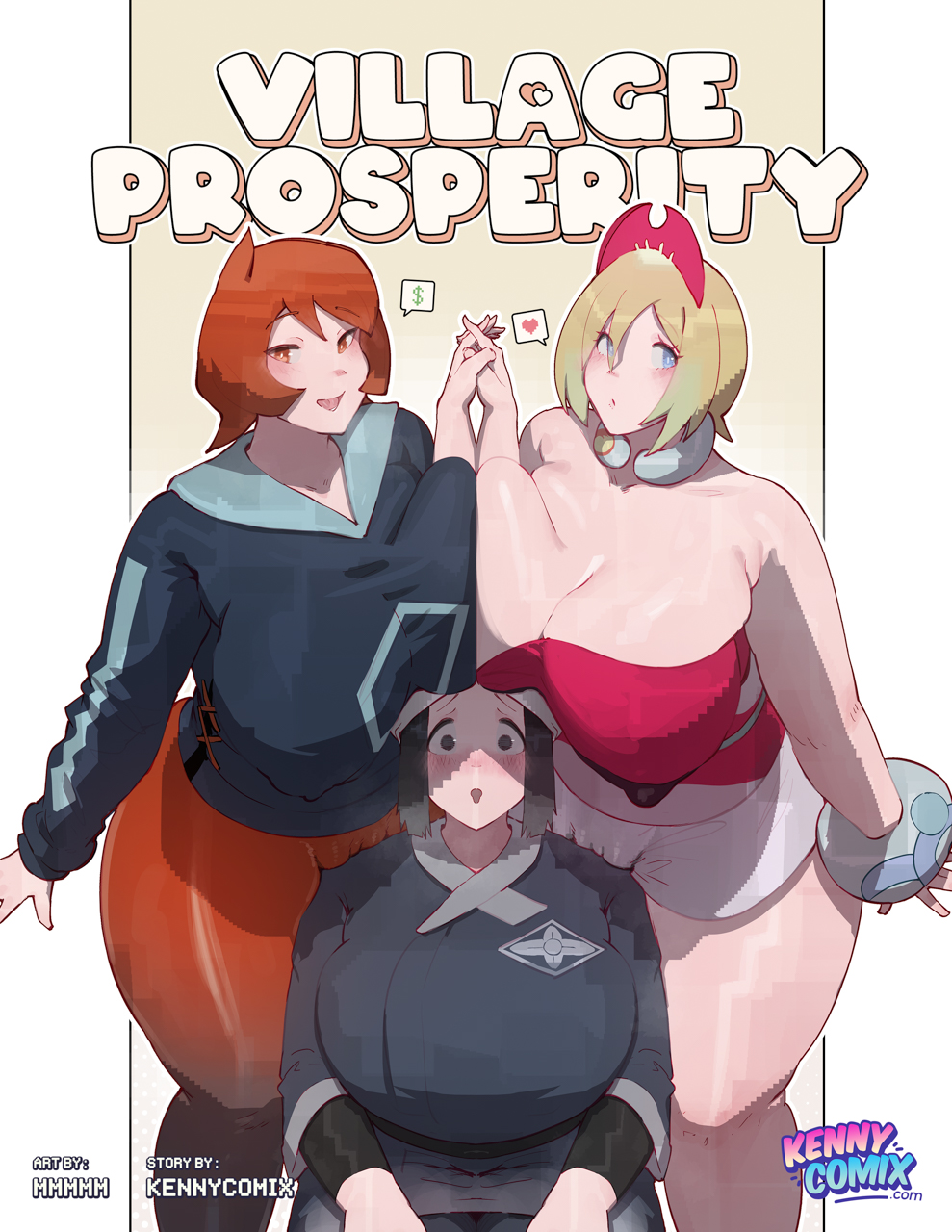 2d, 3girls, akari (pokemon), arezu (pokemon), big breasts, breasts, breasts bigger than head, comic cover, curvaceous, curvy, curvy figure, english, english text, female, female focus, game freak, irida (pokemon), kennycomix, mmmmmkun, nintendo, pokemon, pokemon legends: arceus, tagme, text, trio, village prosperity (cover), yuri