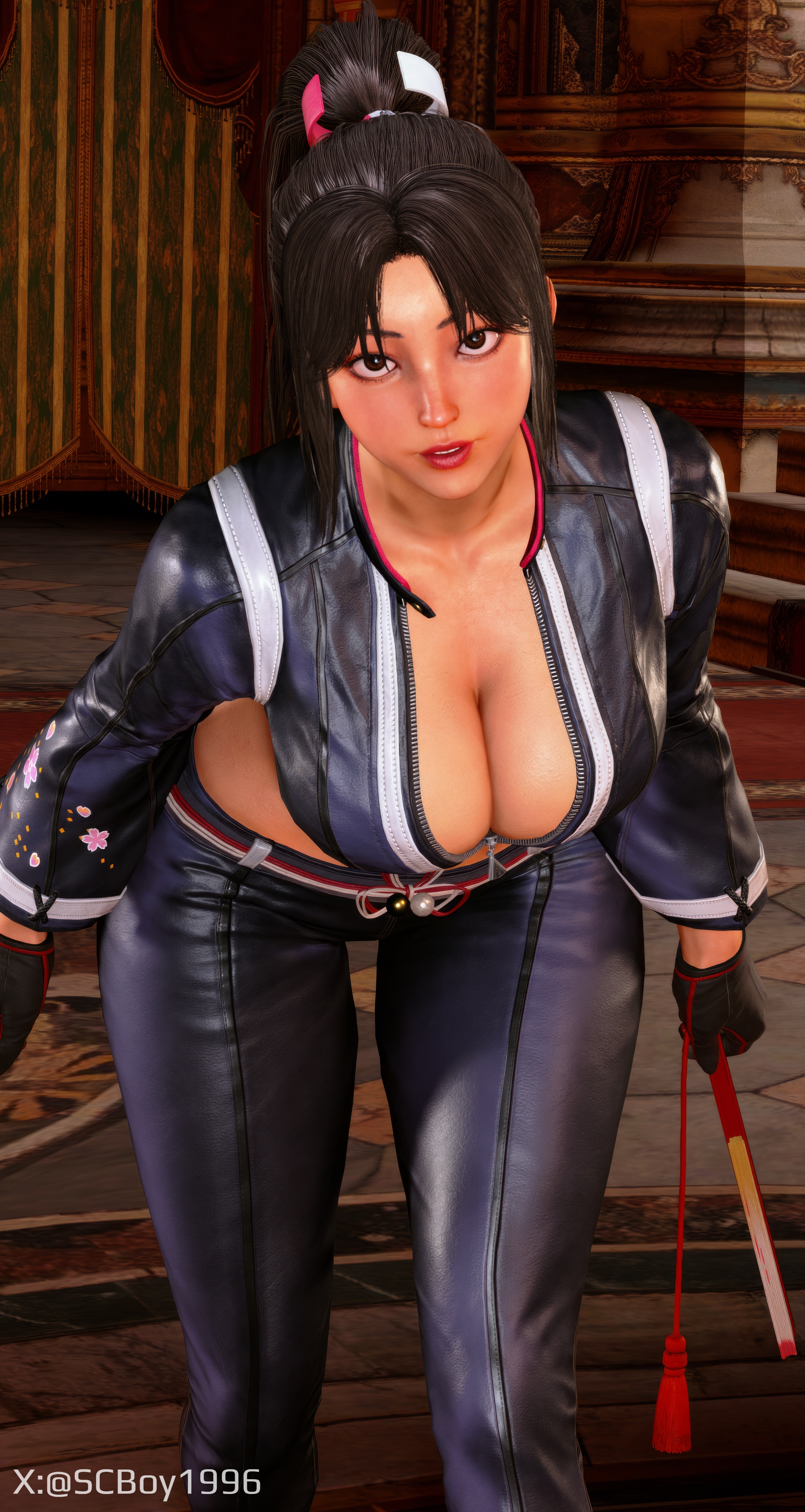 1girls, 3d, big breasts, biker clothes, biker girl, black jacket, breasts, cleavage, fatal fury, fatal fury: city of the wolves, female, gameplay screenshot, gloves, ingame model, jacket, king of fighters, leather, leather clothing, leather jacket, leather pants, lipstick, long hair, long sleeves, looking at viewer, mai shiranui, mai shiranui (city of the wolves), official alternate costume, open jacket, ponytail, screenshotboy96, slim waist, solo, street fighter, street fighter 6, tagme, thick thighs, top, video game, video game character, video games, wide hips, zipper, zipper pull tab