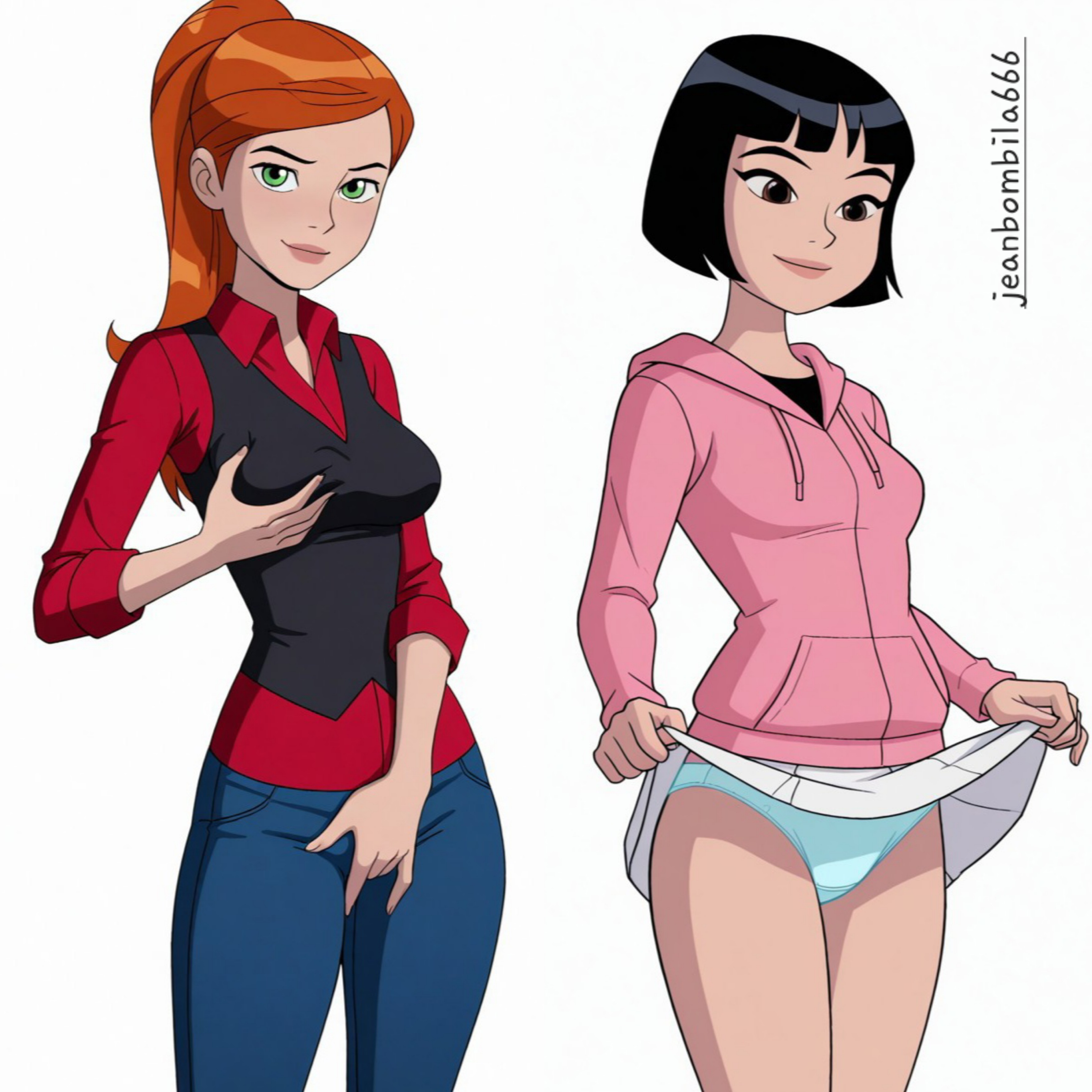 2girls, ai generated, ben 10, ben 10 alien force, ben 10 ultimate alien, cartoon network, female, female only, gwen tennyson, gwen tennyson (alien force), gwen tennyson (ultimate alien), jeanbombila666, julie yamamoto, multiple females, multiple girls, panties, yuri