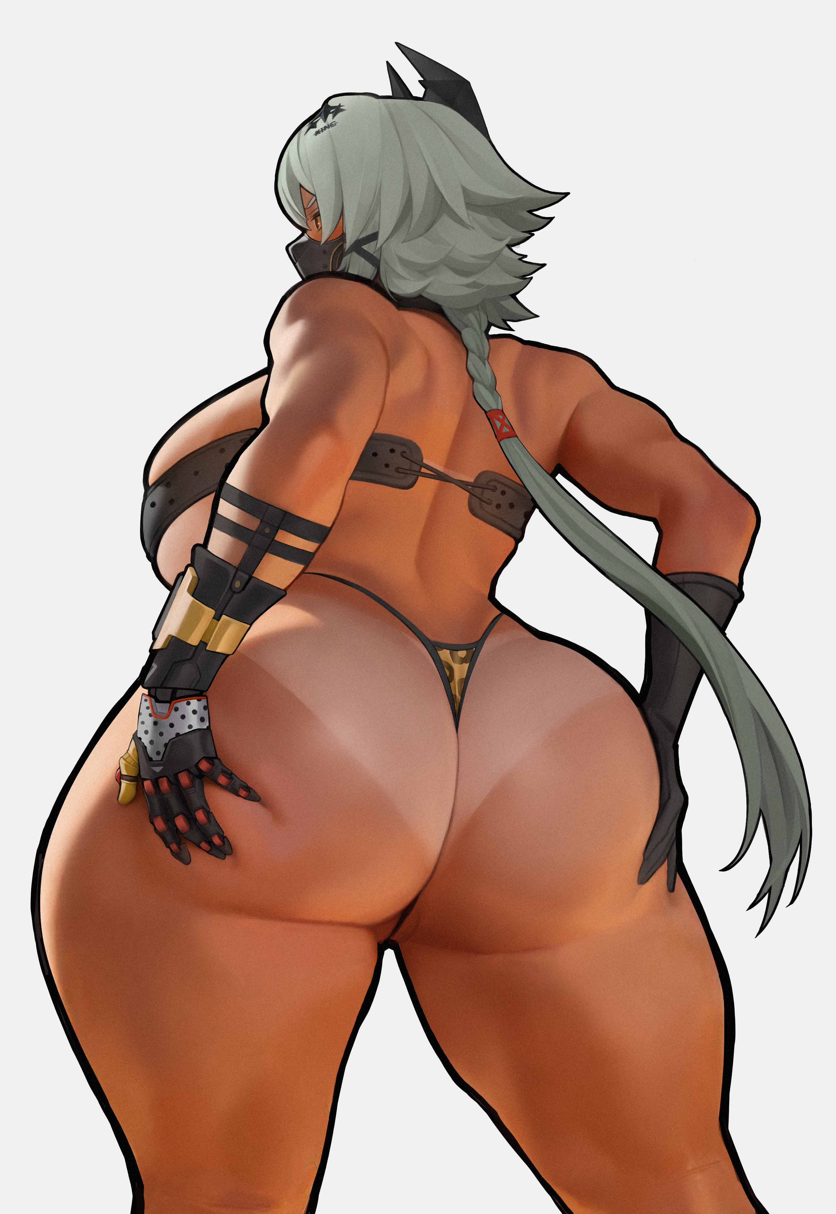 1girls, 2d, ass, caesar king, caesar king (zenless zone zero), dumptruck ass, grabbing own ass, hoyoverse, huge ass, large breasts, leopard print panties, light skin, light-skinned female, ponytail, prosthetic arm, sideboob, solo, spiralnoww, tanline, tanned, tanned female, tanned skin, thick thighs, zenless zone zero