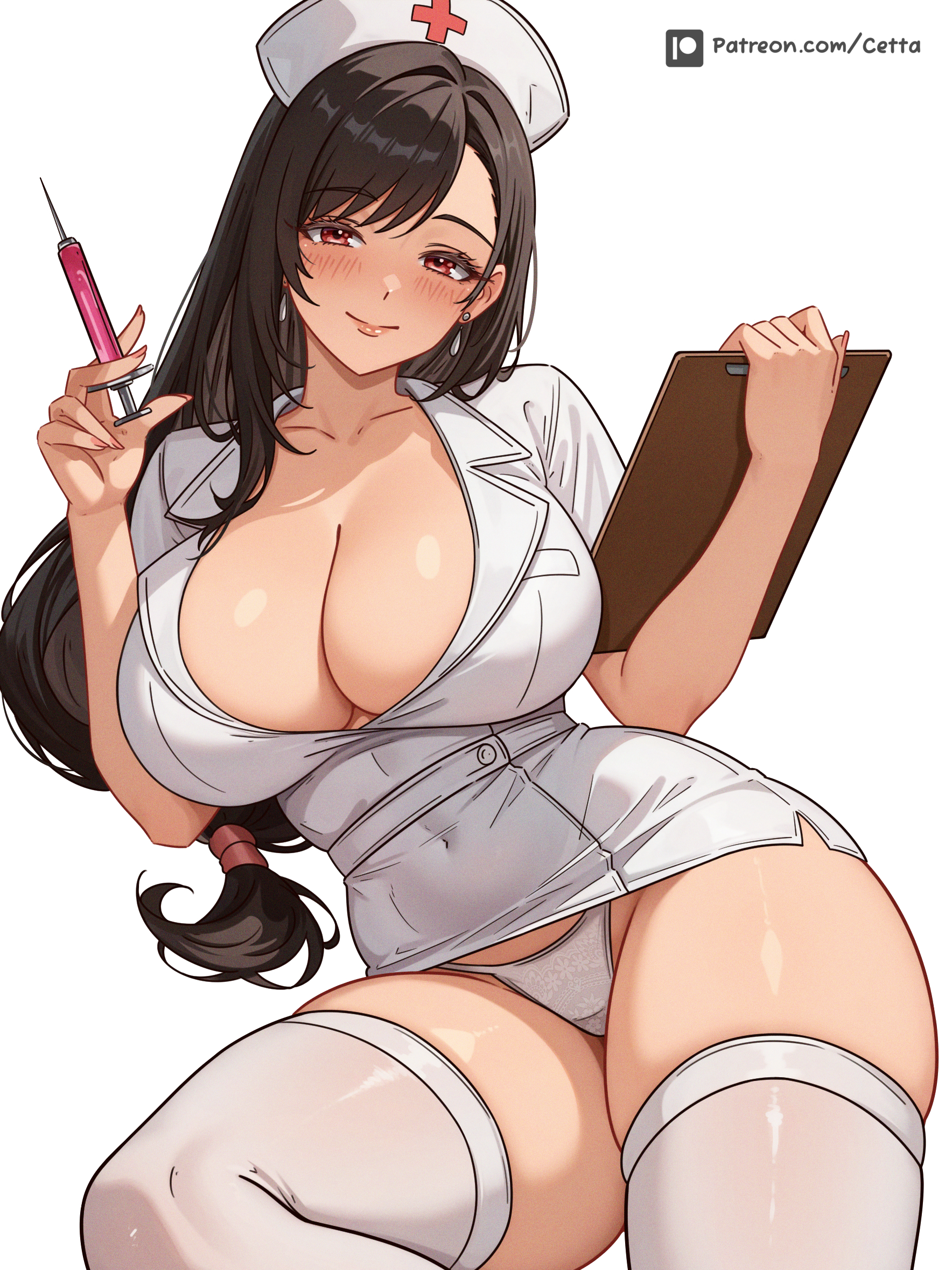 1girls, artist name, big breasts, black hair, blush, breasts, cetta (cettadvd), cleavage, clipboard, ear piercing, earrings, female, female only, final fantasy, final fantasy vii, hair, hips, holding object, huge breasts, legwear, long hair, nails, nurse, nurse cap, nurse clothing, nurse hat, nurse uniform, panties, red eyes, revealing clothes, skindentation, smile, solo, solo female, square enix, syringe, thick thighs, thighhighs, thighs, tifa lockhart, uniform, white background, white panties, white thighhighs