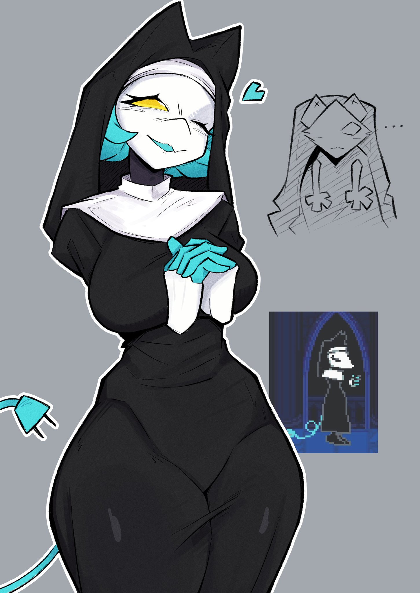 1girl, 1girls, animal ears, anthro, big breasts, big thighs, blue hair, breasts, cat ears, csr ap07, curvy, deltarune, deltarune chapter 5, female, furry, hourglass figure, huge breasts, huge thighs, large breasts, large thighs, nun, nun outfit, one eye closed, slim waist, tagme, tail, tasque manager (deltarune), tasque manager (nun), thick, thick thighs, thighs, thunder thighs, tight clothing, voluptuous, voluptuous female, white body, wide hips, yellow eyes