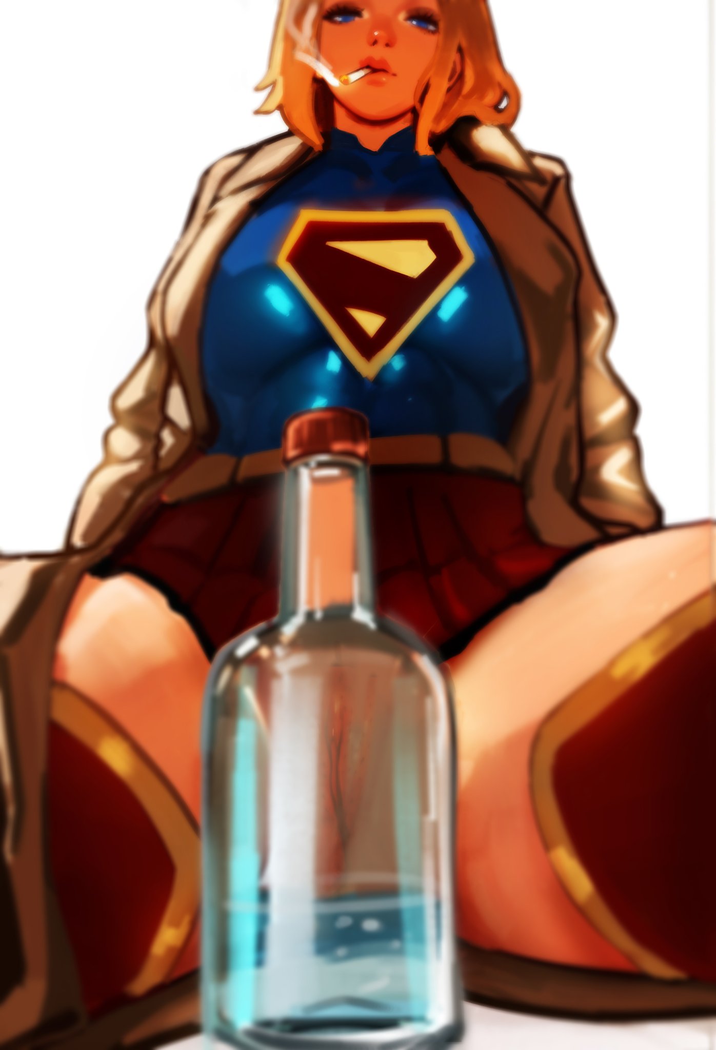 1girls, 2026, blonde hair, blue eyes, bottle, dc, dc comics, dcu, drunk, dzenrei, female, female only, kara danvers, kara zor-el, no panties, pussy, smoking, smoking cigarette, spread legs, supergirl, supergirl (2026), supergirl (dcu), superman (series)