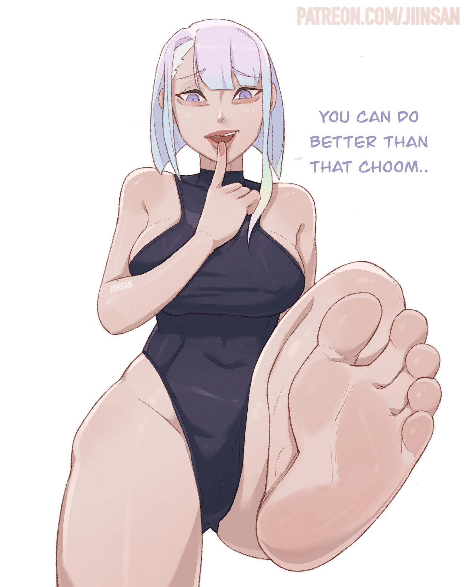 1girls, asian, asian female, blonde hair, clothed, cyberpunk: edgerunners, feet, feet focus, feet together, feet up, female, female focus, female only, foot fetish, foot focus, from below, greek toe, jiinsan, lucyna kushinada, presenting feet, short hair, soles, studio trigger, toes, trampling
