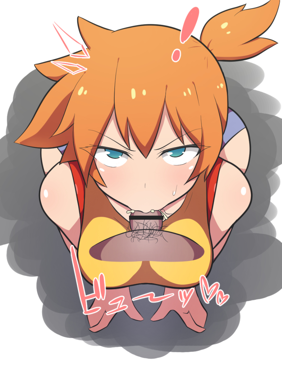 :>=, !, 1boy, 1girls, alternate breast size, angry, angry fellatio, big penis, blowjob, blue eyes, blush, breasts, censor bar, censored, cum, cum in mouth, cum in throat, dark skin, dark-skinned male, dd (artist), deepthroat, erection, eye contact, eyelashes, fellatio, female, ginger, green eyes, kasumi (pokemon), light skin, light-skinned female, looking at viewer, male, nintendo, oral, orange hair, pale skin, pale-skinned female, penis, pokemon, pokemon rgby, pov, pubic hair, short hair, side ponytail, skinny, sucking, surprised, sweat, teenager, tied hair, veiny penis, white background