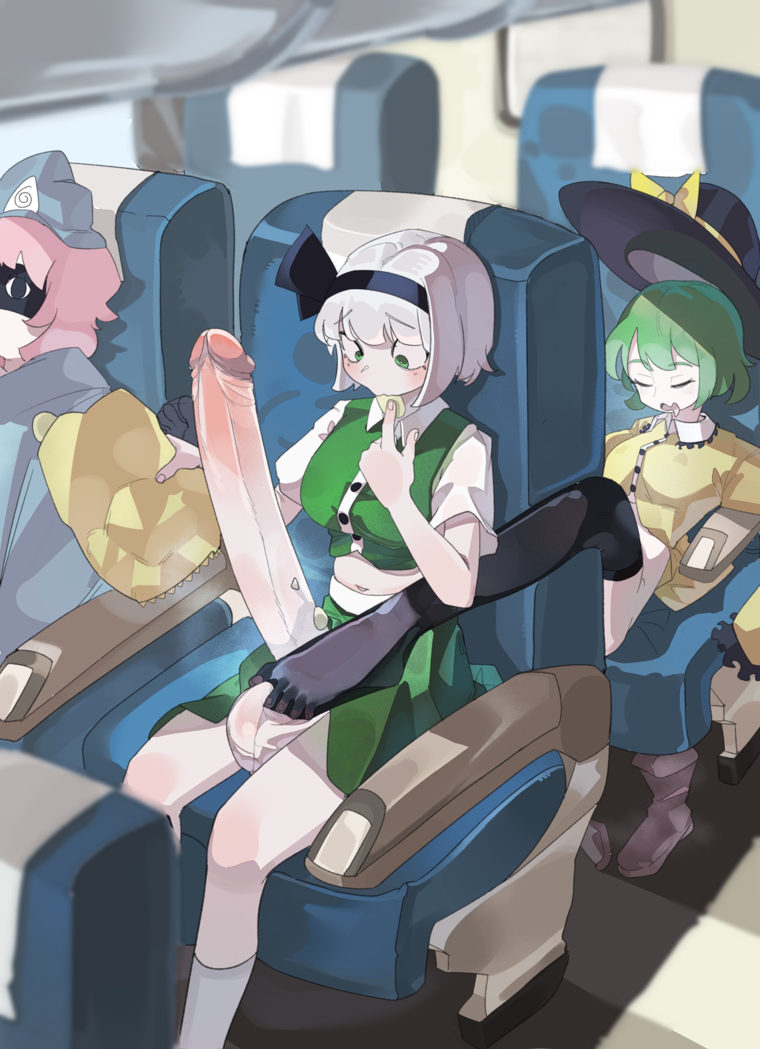 airplane interior, cock bigger than feet, footjob, fully clothed, futanari, gigantic penis, kaien0202, koishi komeiji, long penis, penis, public exposure, sleeping, tagme, touhou, youmu konpaku, yuyuko saigyouji