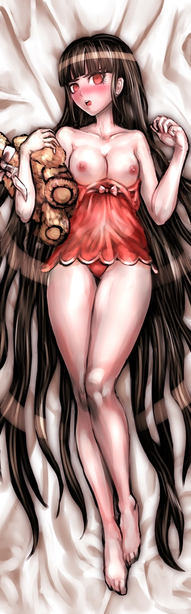 1girls accurate_art_style areolae bird's-eye_view blush breasts_out brown_hair danganronpa danganronpa_v3 dgrp dress dress_pull embarrassed female female_only full_body harukawa_maki light_skin long_hair lying medium_breasts mole mole_under_eye new_danganronpa_v3 nipples nipples_visible_through_clothing official_style open_mouth plushie red_dress red_eyes red_panties see-through smooth_skin solo underwear