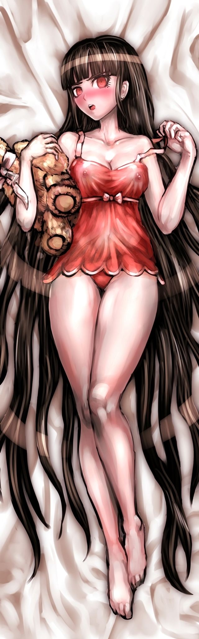 1girls accurate_art_style areolae bird's-eye_view blush brown_hair danganronpa danganronpa_v3 dgrp dress embarrassed female female_only full_body harukawa_maki light_skin long_hair lying mole mole_under_eye new_danganronpa_v3 nipples nipples_visible_through_clothing official_style open_mouth plushie red_dress red_eyes red_panties see-through smooth_skin solo underwear